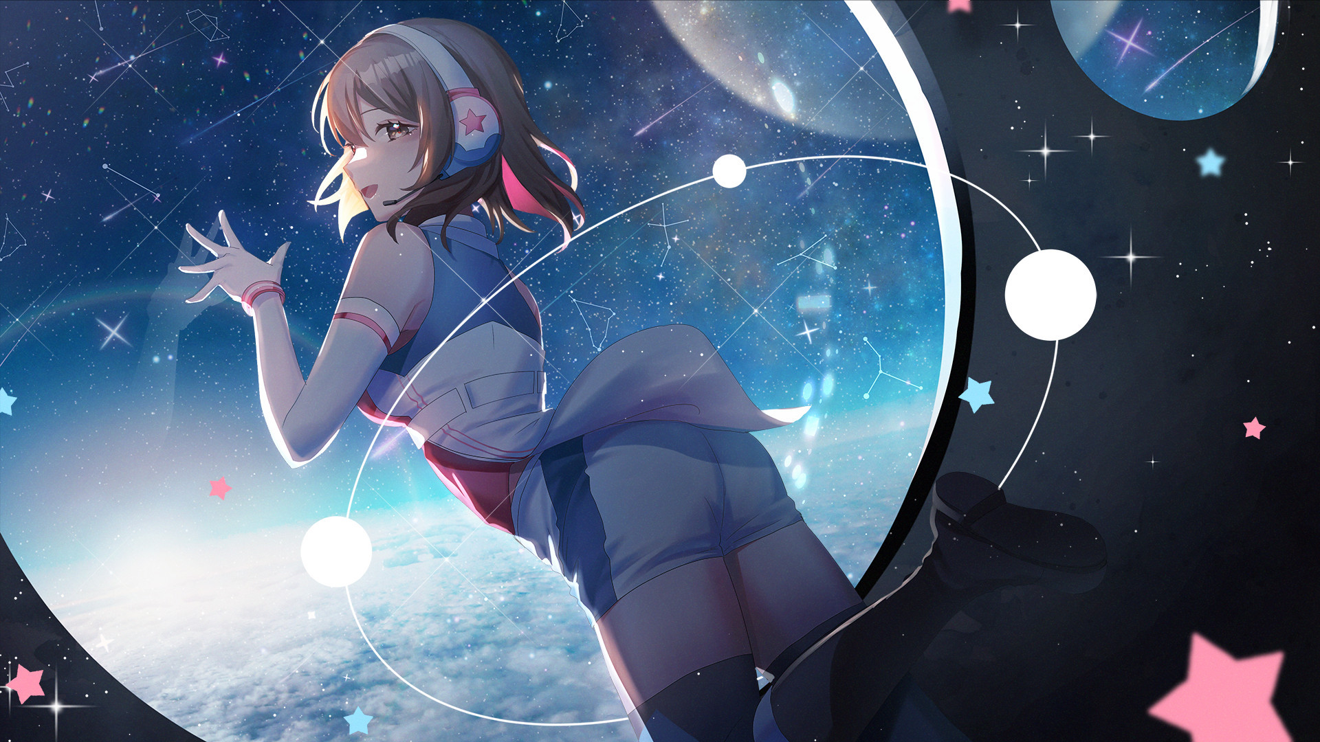 Art of VTuber MegaMoeka floating in a space station. The view is a bright blue sky and clouds with sparkly stars. 