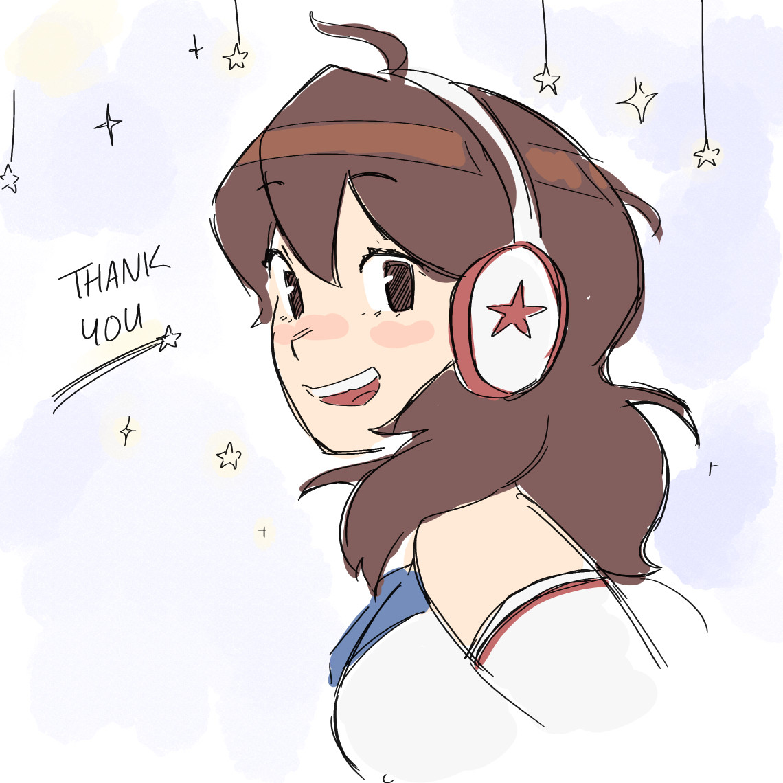 Art doodle of MegaMoeka looking over her shoulder, smiling. Text says Thank You. Drawn by Chenniedol.