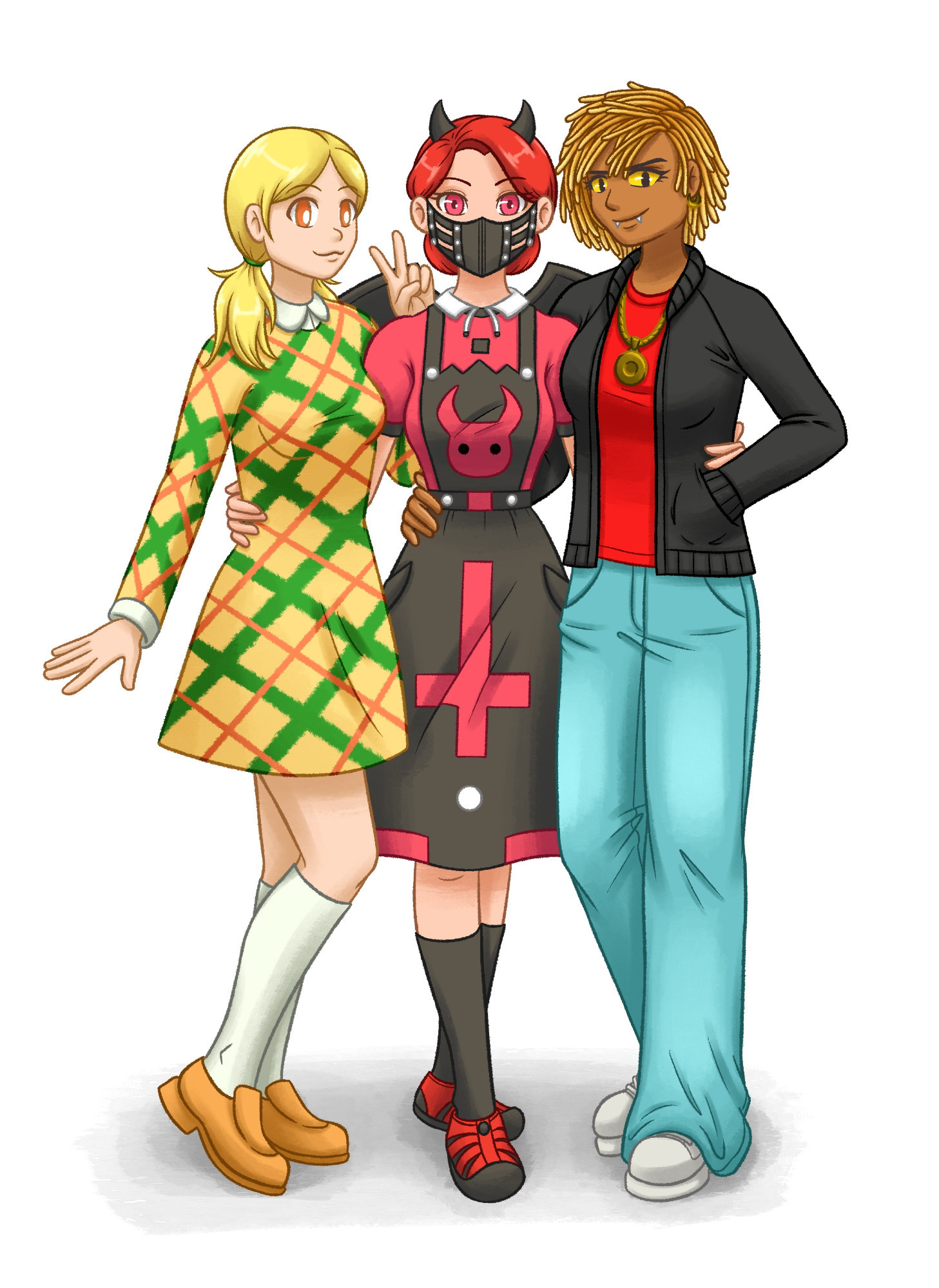 Human versions of animal crossing villagers Goldie and Katt with my own player character in between. 