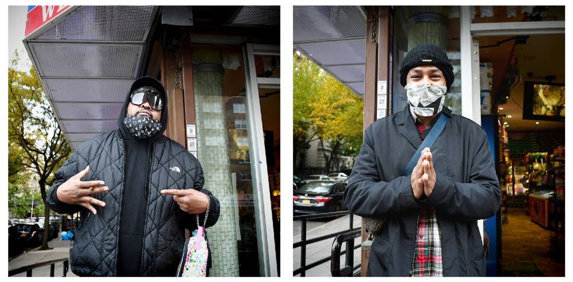 A diptych showing two friends posing separately for a street portrait in front of a bodega. The digital images were made by freelance photographer Victorio Milian.