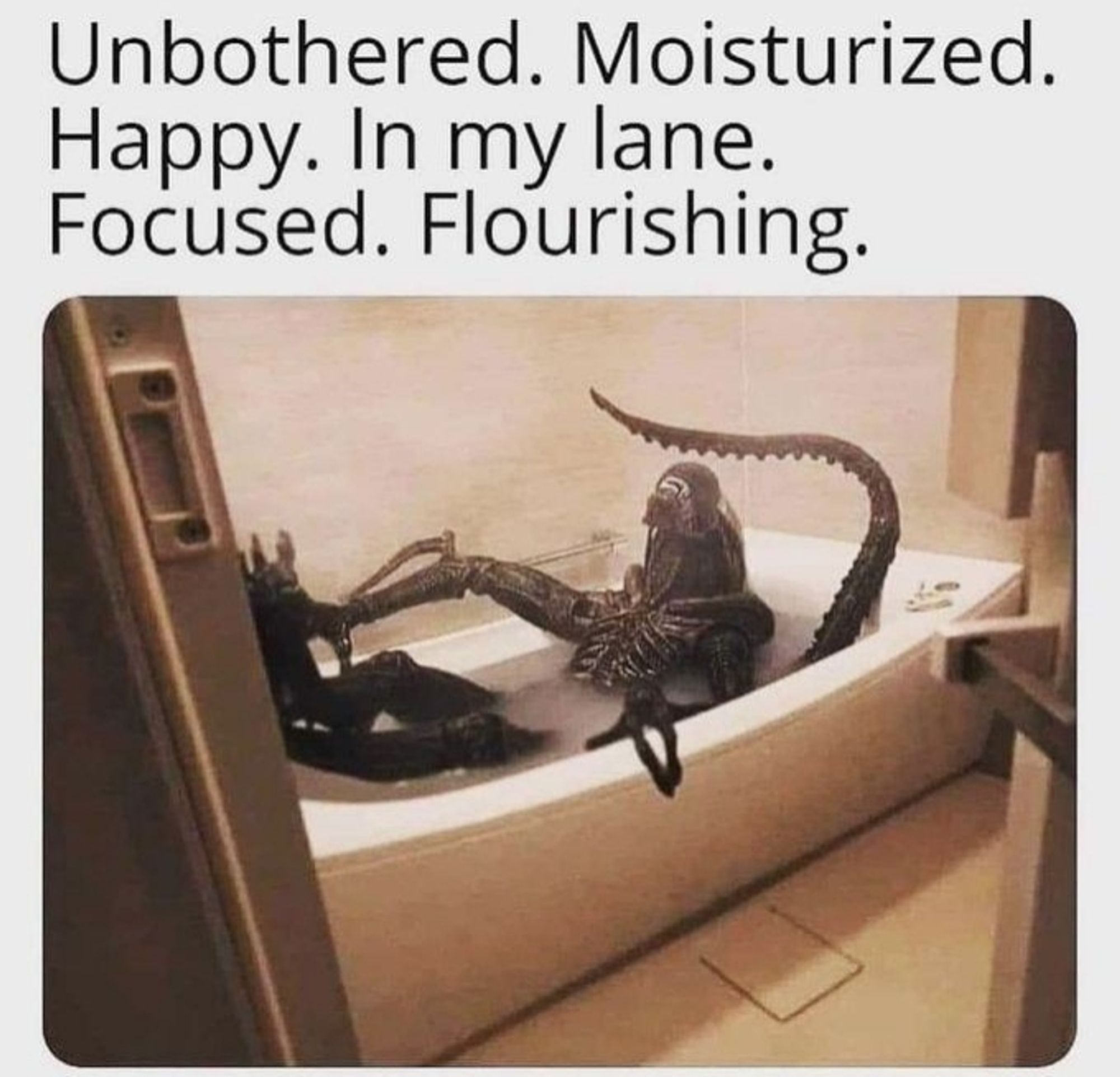 A Xenomorph reclining in a bathtub with text above the pic that says "Unbothered. Moisturized. Happy. In my lane. Focused. Flourishing."