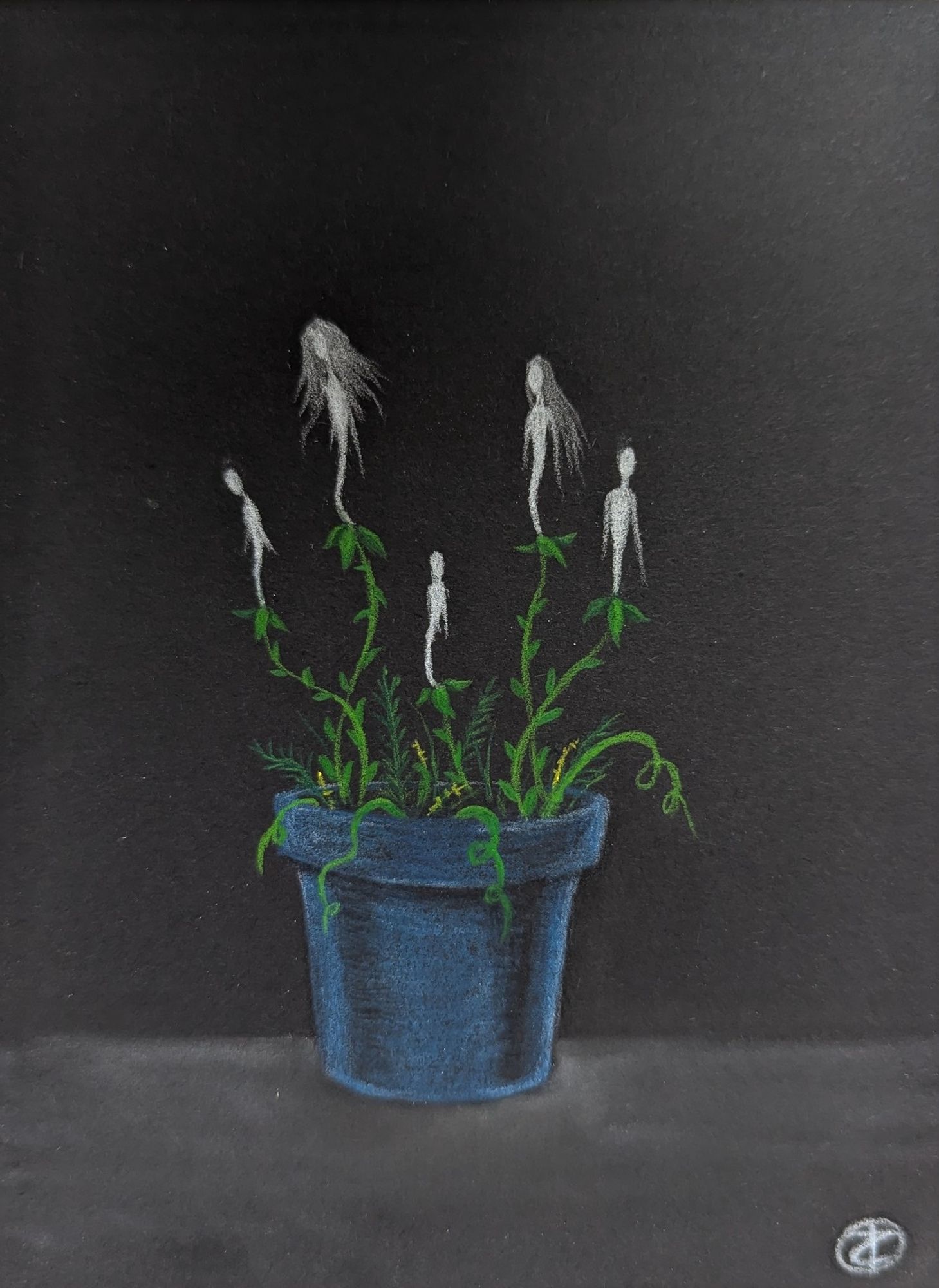 A colored pencil illustration of a blue flowerpot contains some plants with ghosts growing out of them.