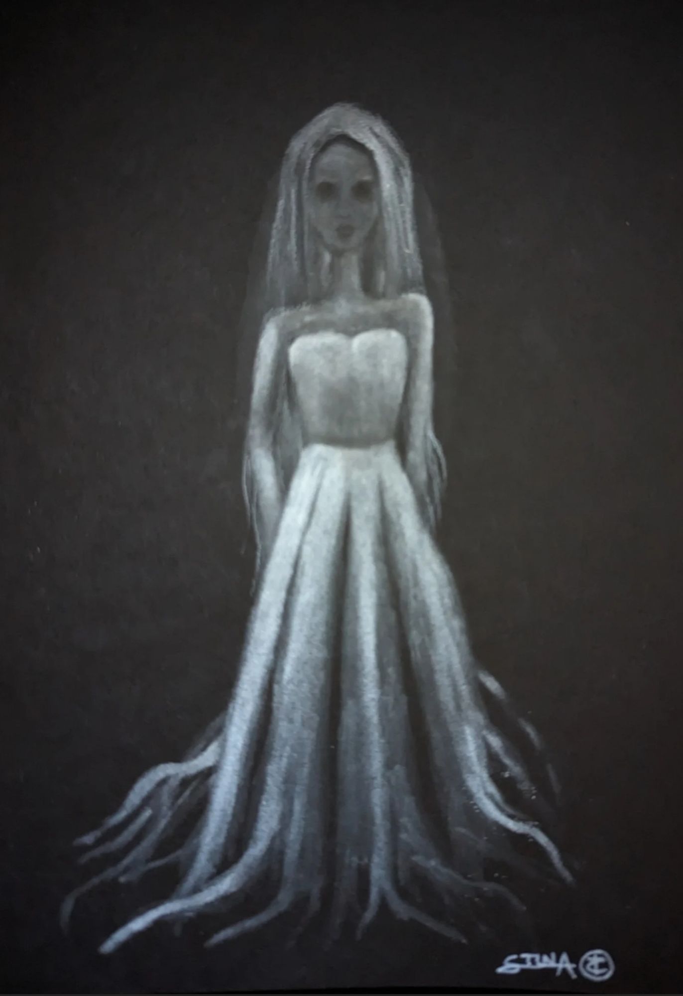 Drawing of a ghostly Lady in White. Her dress trails off into either filmy wisps or tentacles.