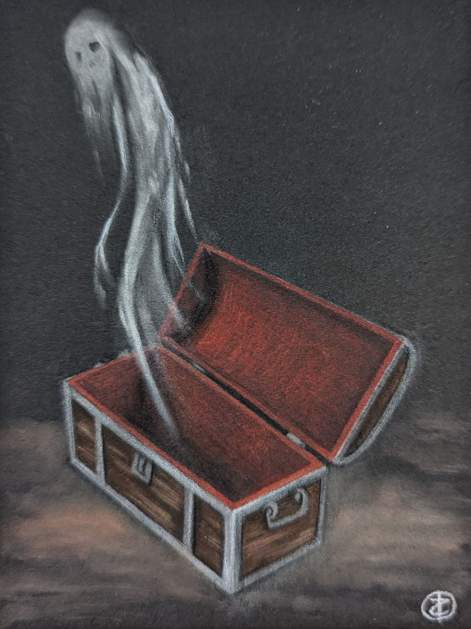 A colored pencil illustration of a wooden chest on the ground, opened up, with a ghostly wraith rising up out of it.