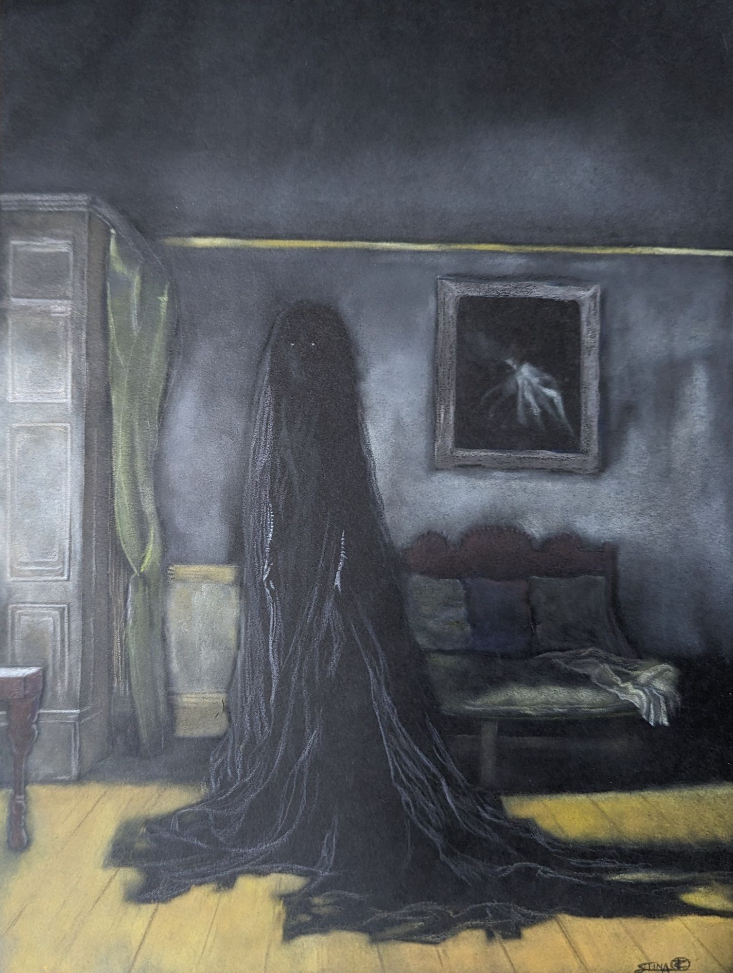 A piece inspired by an AI generated image that was circulating around the internets. They stole from us so I have no problem stealing their generated image & making a better human-made version.  A woman in black stands in the center of a room with a bed behind her and a creepy painting on the wall.