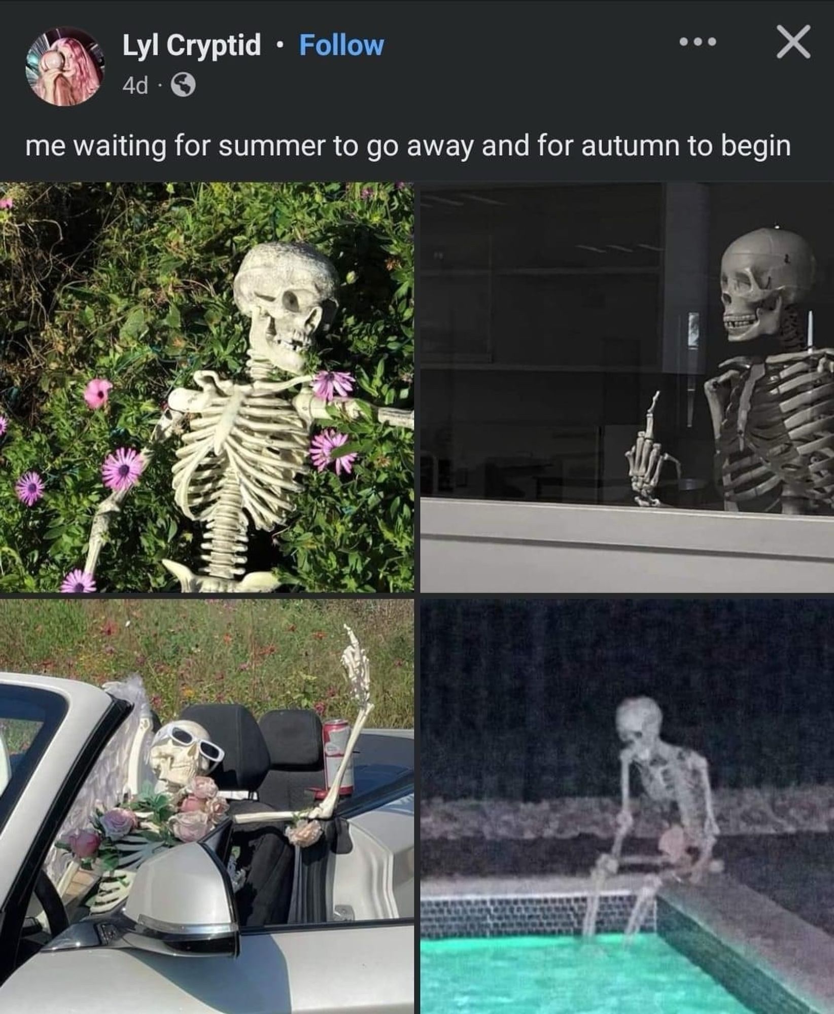 me waiting for summer to go away and for autumn to begin

[Pictures of a skeleton 
-laying in the grass with flowers around it
-flipping the bird with one hand and holding a soft drink cup in the other 
-using both hands to flip off the heavens while in a car
-sitting on the ledge of a built-in pool, staring forlornly at the water]