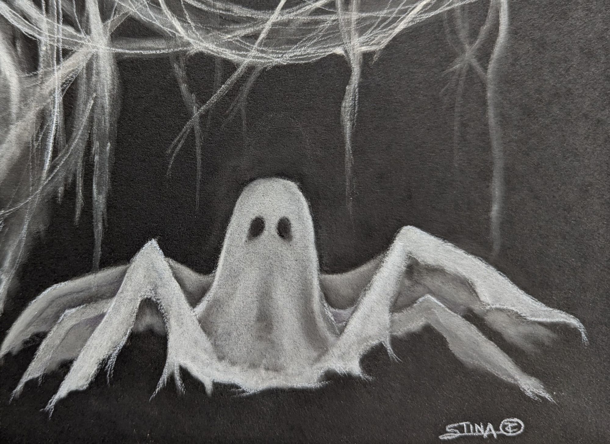 IIllustration of a weird hybrid ghost-spider. Filmy webs drift from the ceiling.