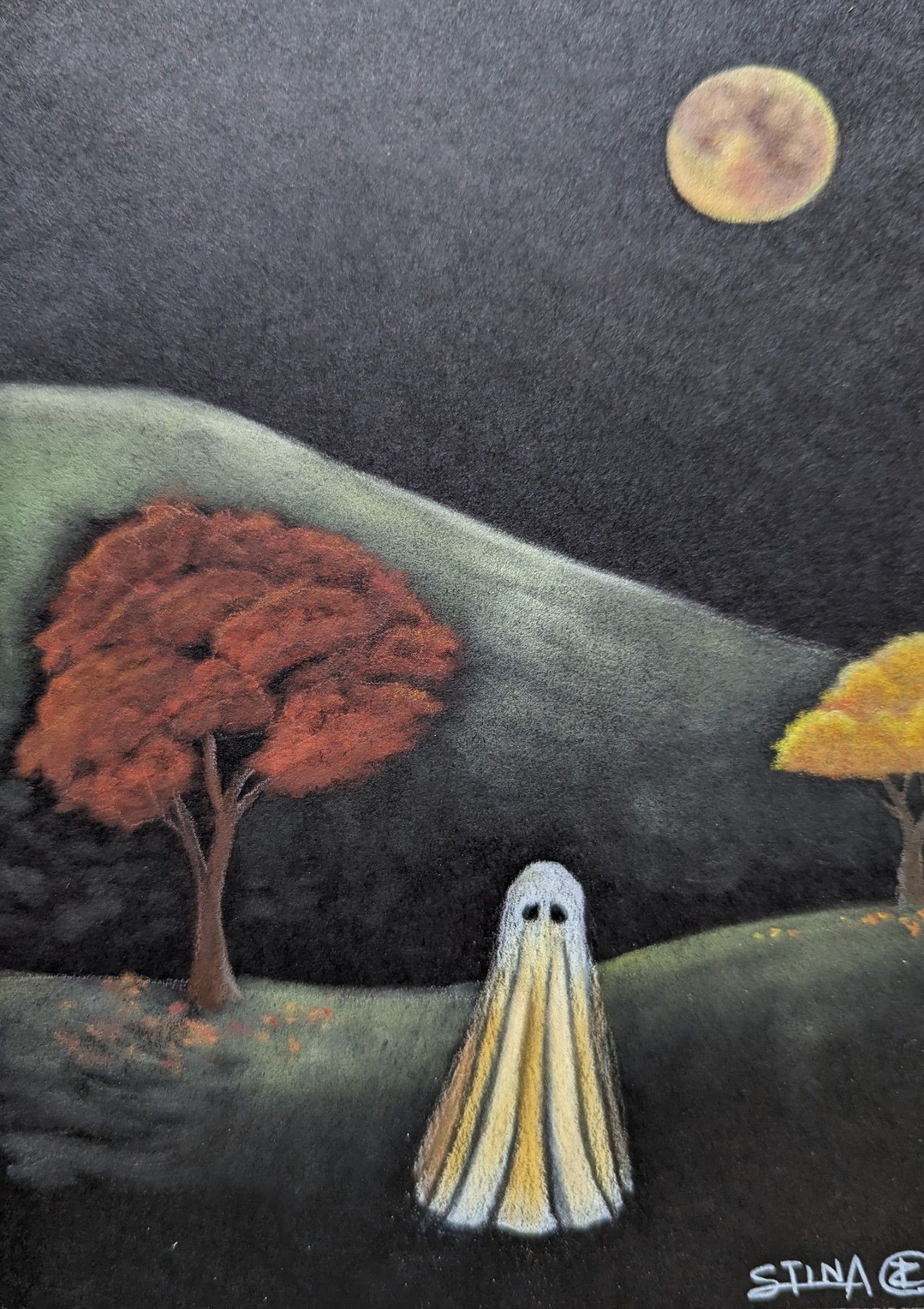 Pencil & pastel illustration: A ghost stands in a field with two trees bursting with fall colors- red, oranges, yellows- while a full moon hangs overhead.