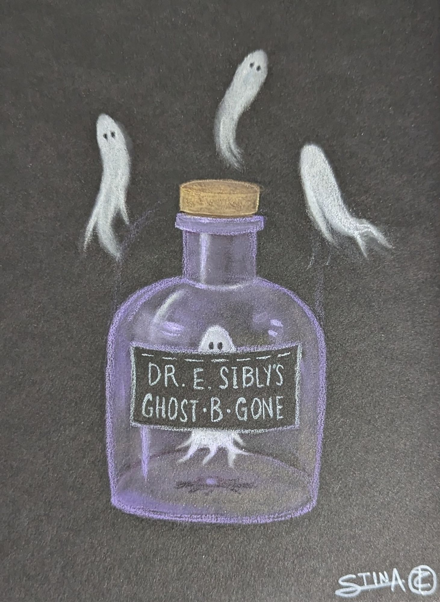 Colored pencil illustration: a purple bottle marked "Dr. E. Sibly's Ghost B Gone" holds a ghost inside it, while other ghosts mill about around it.