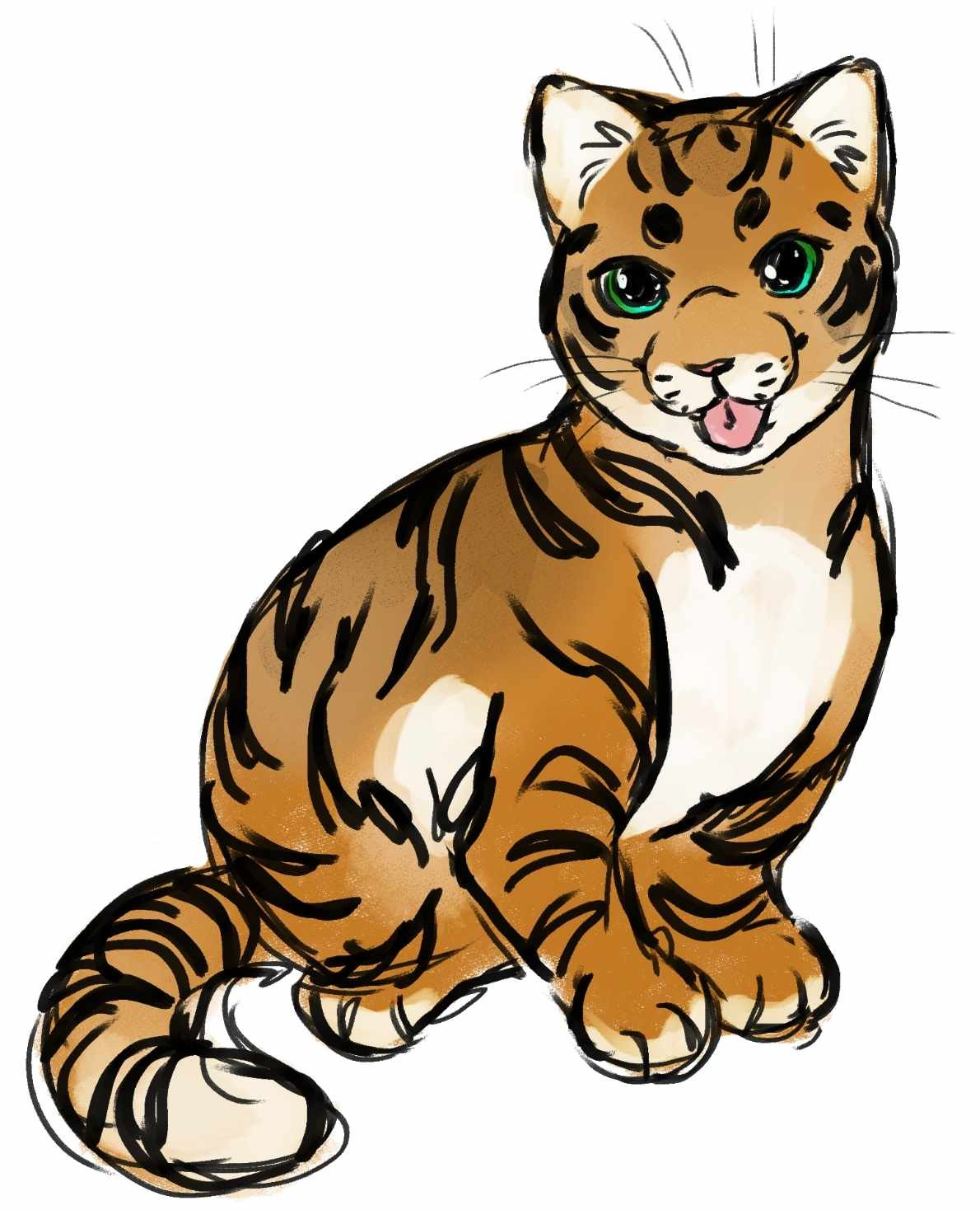 digital drawing of a cat with it's small ears perked up, eyes big and shiny, with it's tongue sticking out of it's muzzle. It has the design of a tiger: with stripes over it's orange brown coat and an underbelly, muzzle, paws, and tail tip of white fur. The cats eyes are green but is almost covered by the large black center of it's pupils, staring cutely to the screen as if asking to play.