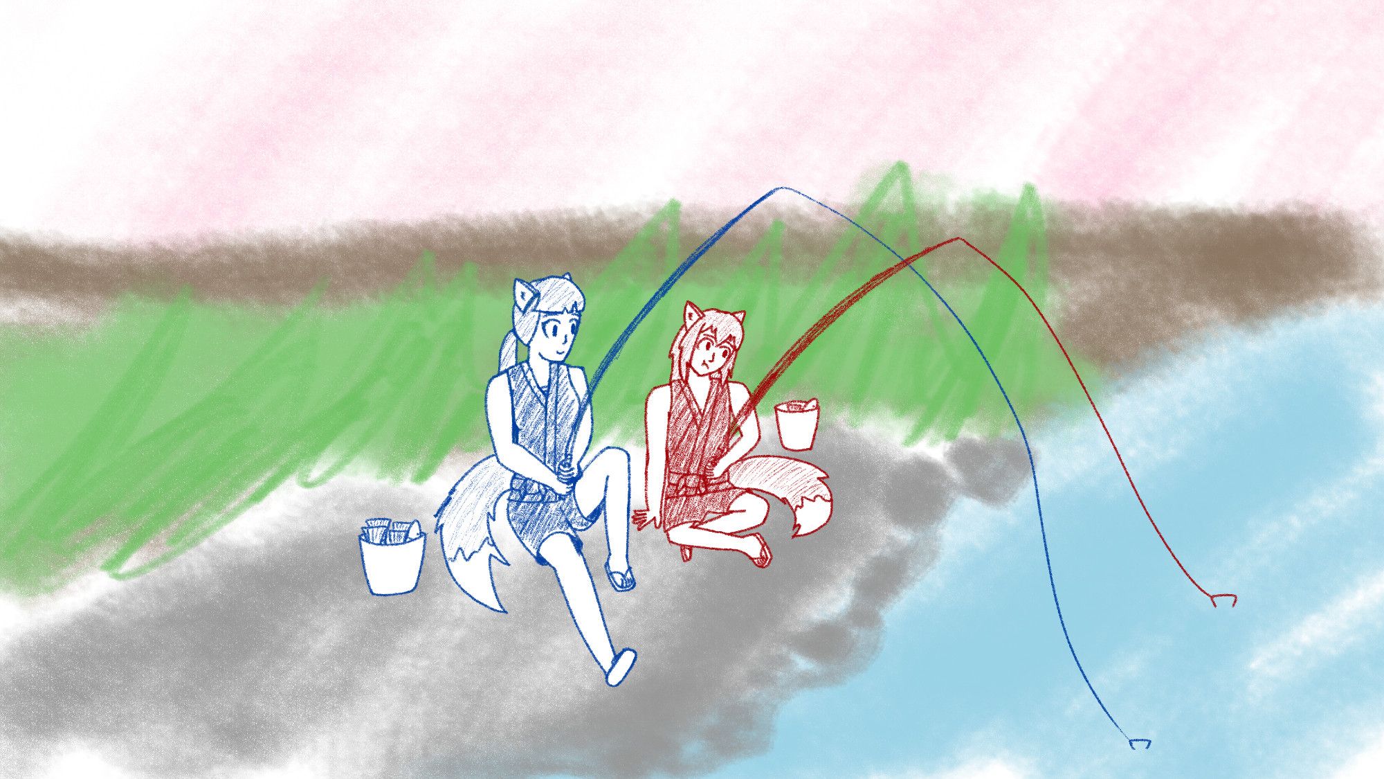 [OC] Sketch of Yuko and Nagi fishing by the riverside.