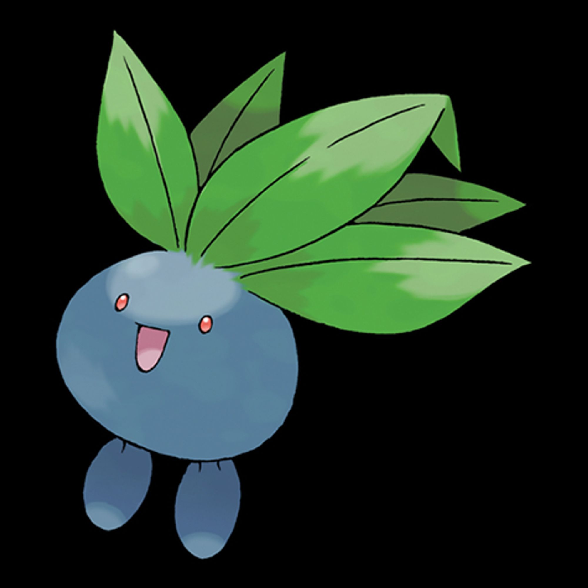 Illustration of the Pokemon Oddish, which looks like a blueberry with feet, a face, and greens growing out of the top of its head.