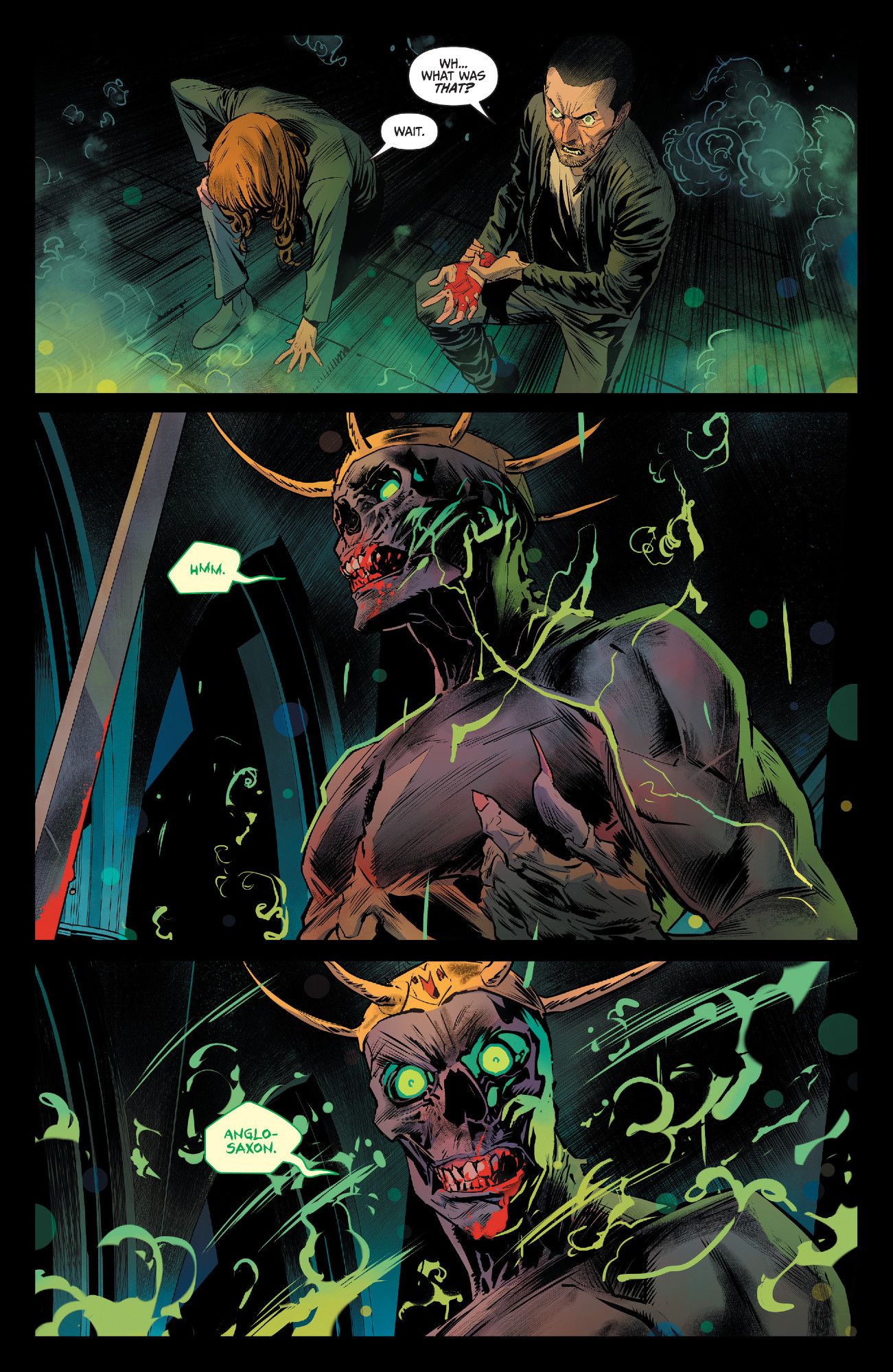 Three comic panels of a zombie King Arthur realizing the people who resurrected him are Anglo-Saxons