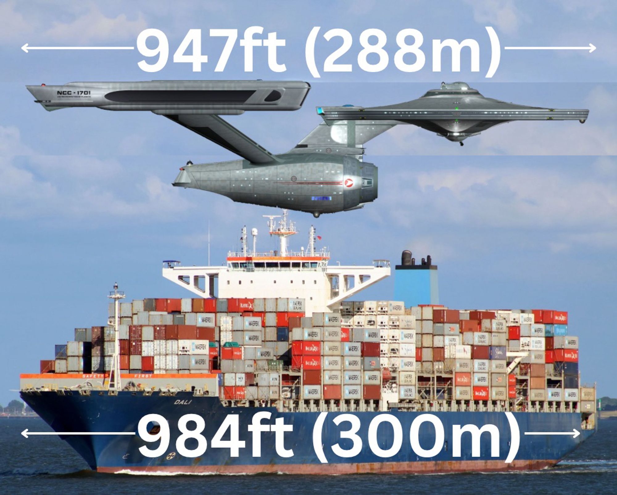 The Dali freighter that collided with the Key Bridge in Baltimore, piled high with shipping containers and labeled 984 feet (300 meters). Above the freighter flies the original Starship Enterprise from Star Trek, showing the scale between the two. The starship is labeled 947 feet (288 meters) and looks almost small and delicate by comparison to the massive freighter.