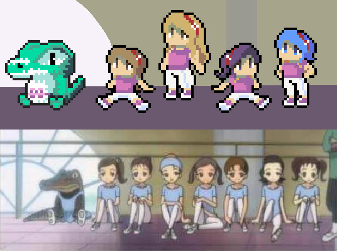 A meme from an anime where there's a bunch of girls resting to do Ballet, but at their side there's also a cute crocodile resting that's also a ballerina. On top is its version in Pixel art, on the bottom is the original.