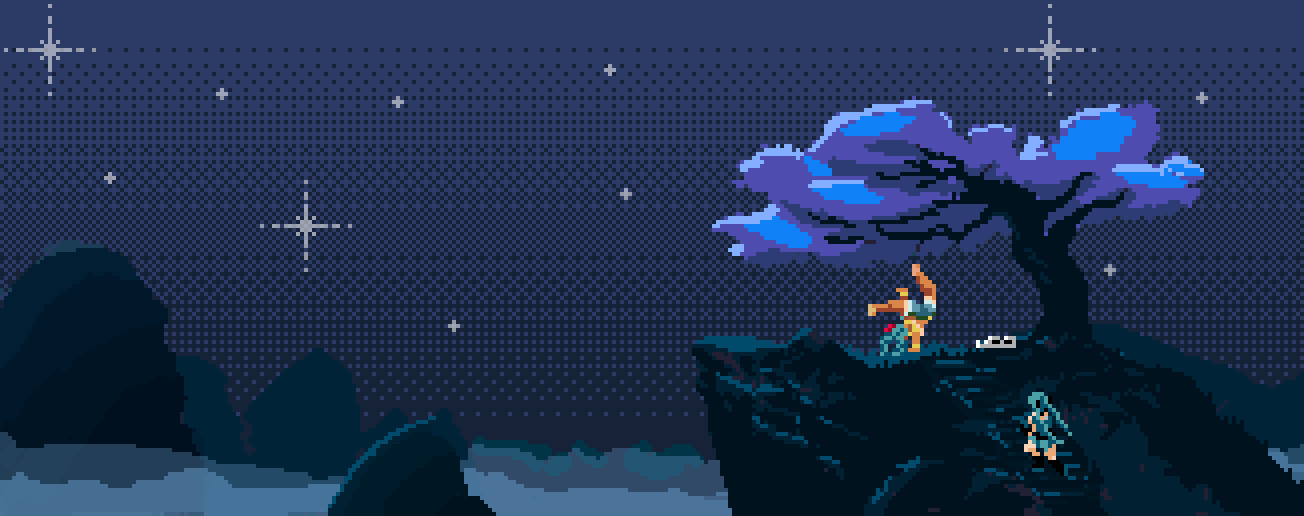 Pixel art of a night sky with Brazilian Miku on the top of a mountain with a blue tree doing capoeira while Hatsune Miku is climbing the stone stairs. A re-enaction of a kung fu panda scene where Master Oogway ascends.