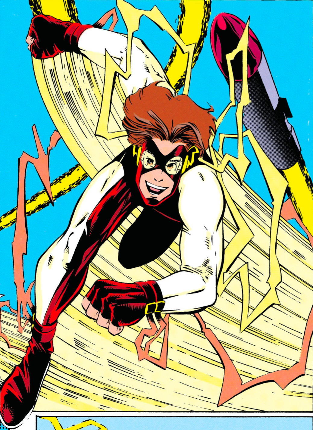 A comic panel from Impulse #1 of Bart Allen running while wearing his red and white costume. Yellow lightning and speed marks are drawn in his wake, and there is a rocket chasing him. He has a big smile on his face.