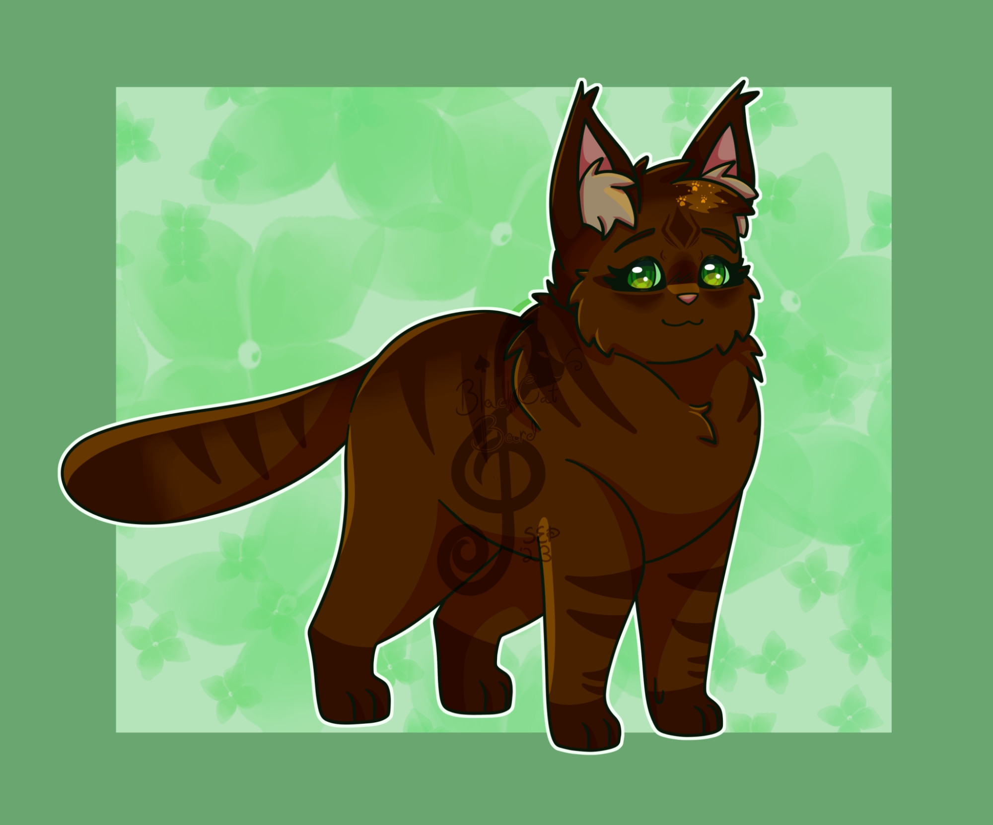 a cute, chibi-style drawing of a long-furred dark brown cat