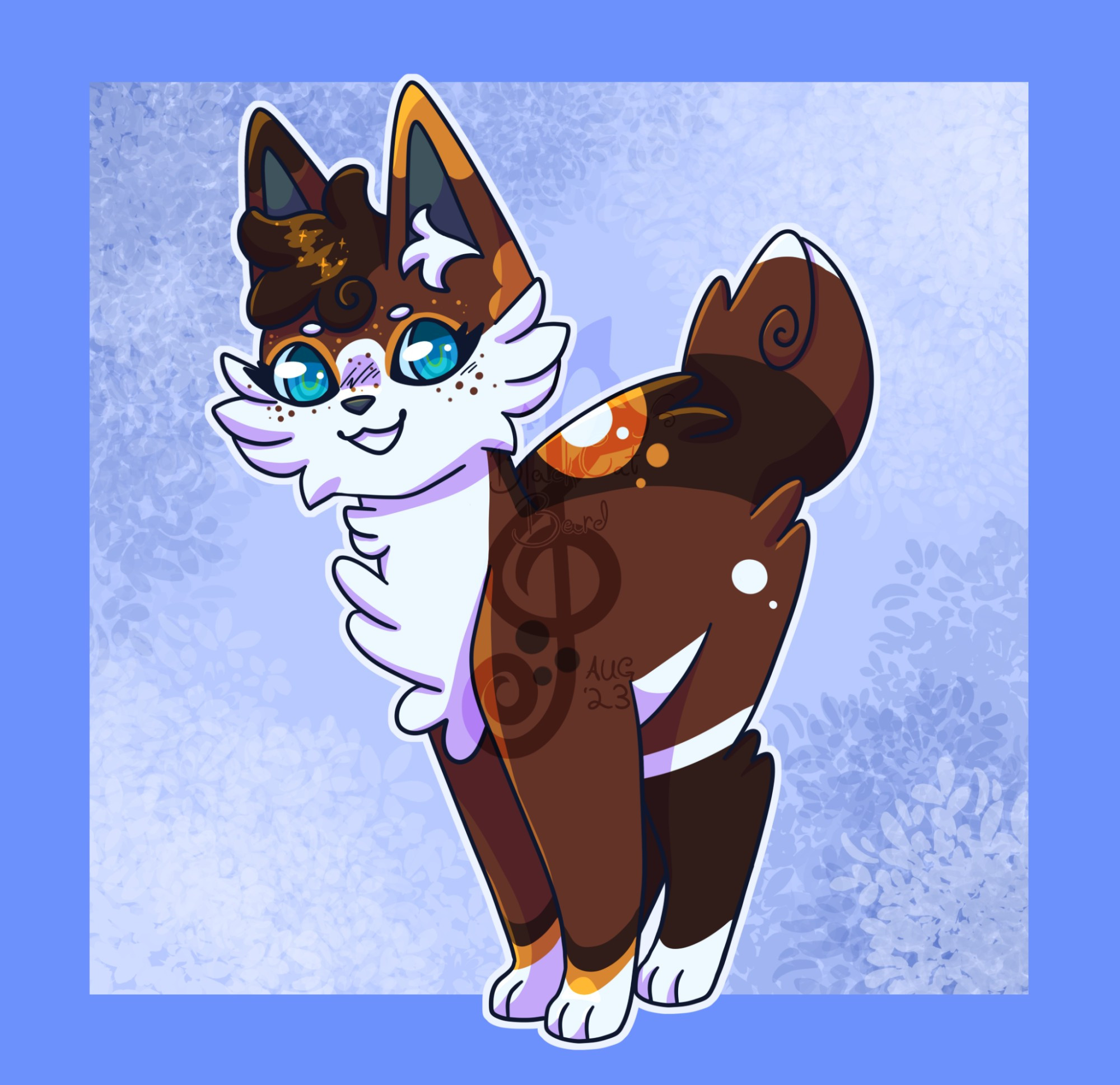 a cute, chibi-style drawing of a calico cat with a short, fluffy tail