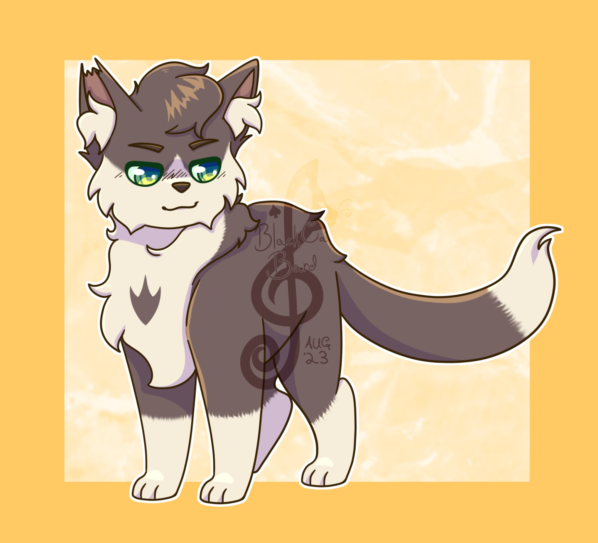 a cute, chibi-style drawing of a medium-furred, gray-brown cat, with a notched ear