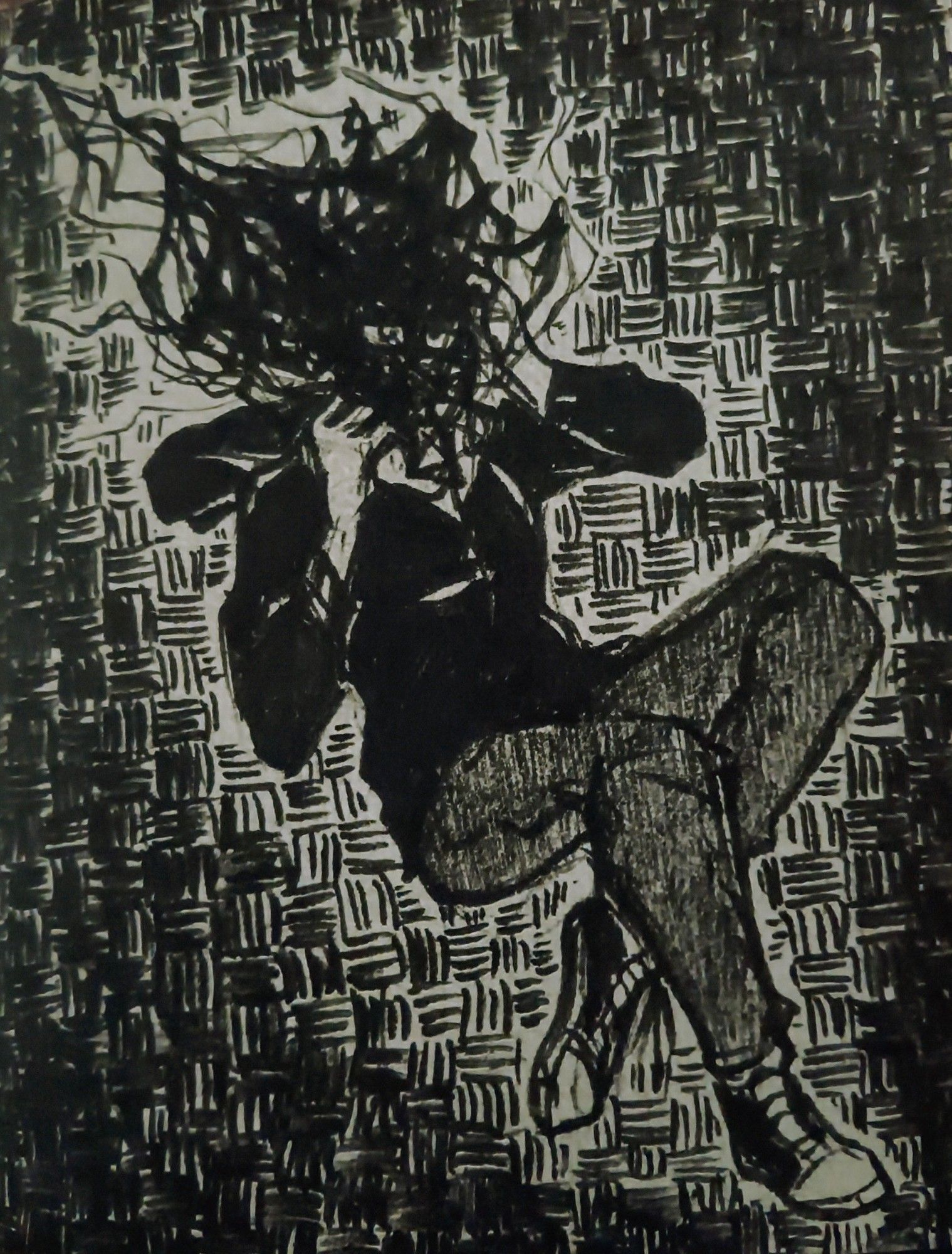 A traditional ink drawing of Kerfuffle floating in a hatchy void, her head obscured with scribbles as she grasps around her head in distress