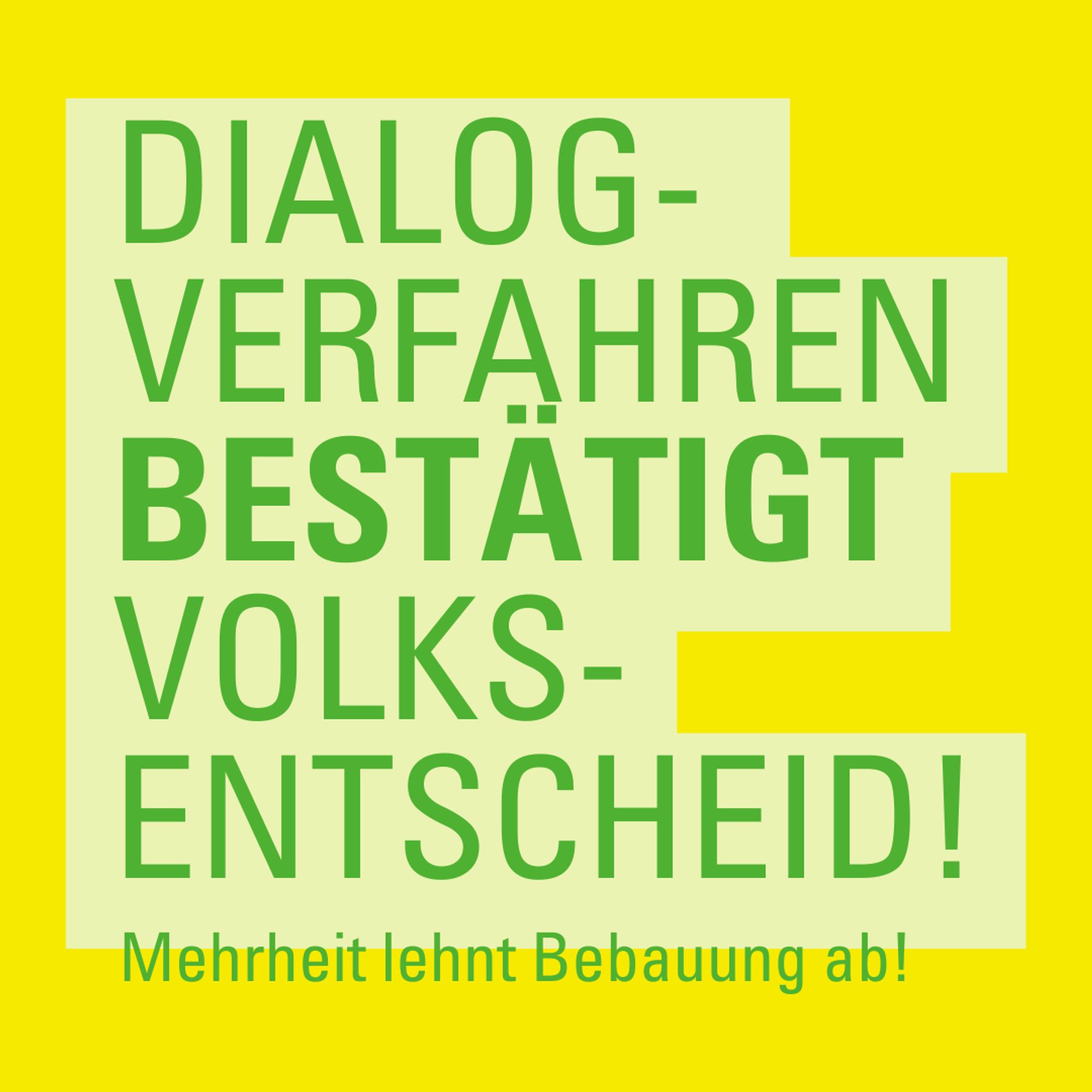 Textkachel: "Dislogverfahren bestätigt Volksentscheid! Mehrheit lehnt Bebauung ab!"