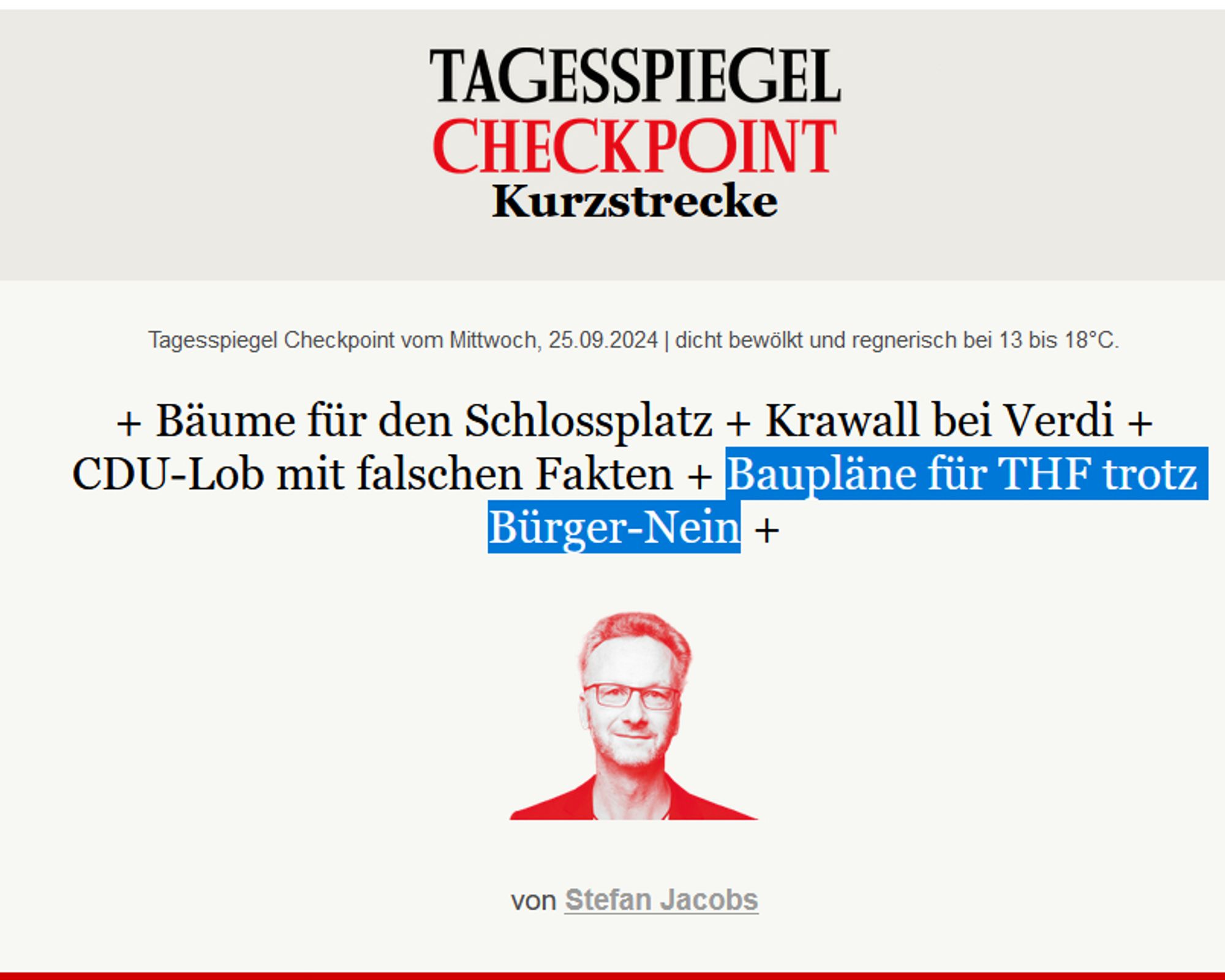 Startseite Tagesspiegel-Checkpoint: Baupläne für THF trotz Bürger-Nein