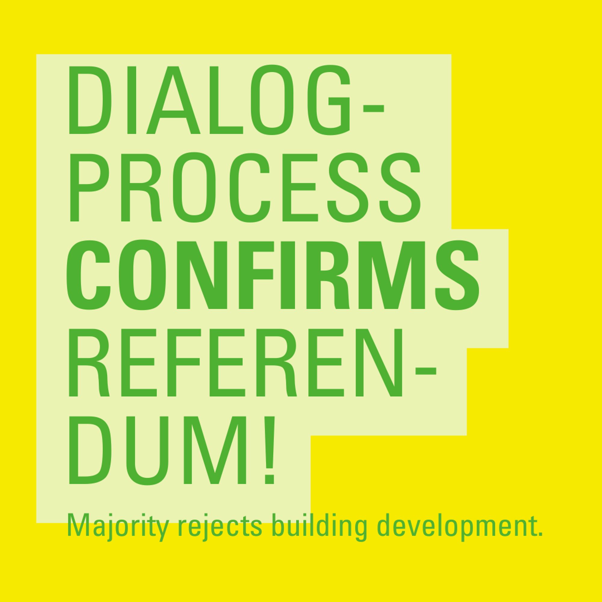 Text: "Dialogue-Process confirms referendum! Majority rejects building development"