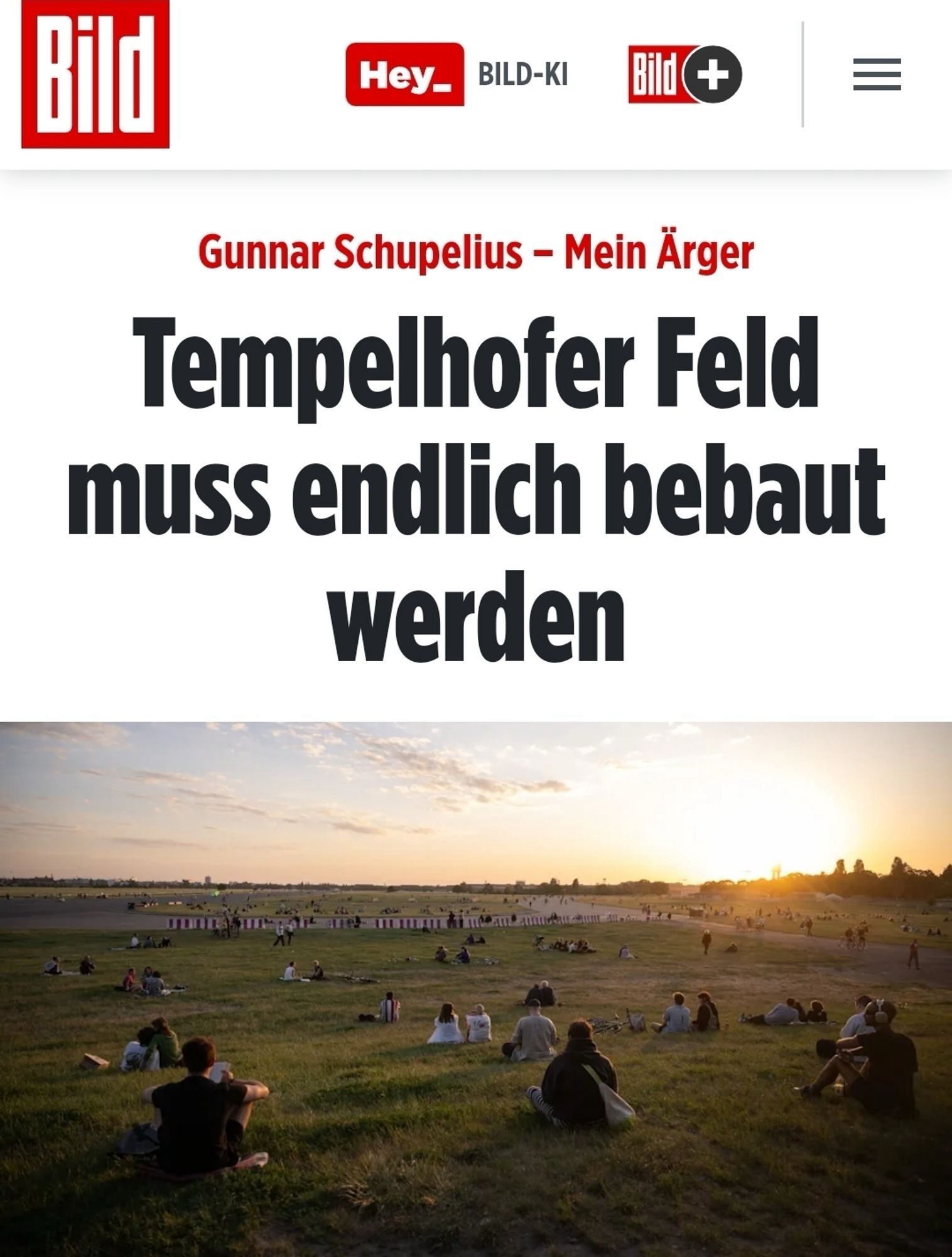 Screenshot Bild-Zeitung: Gunnar Schupelis - Tempelhofer Feld muss endlich bebaut werden