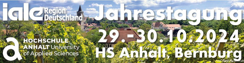 Die IALE-D Jahrestagung 2024 findet vom 29. bis 30. Oktober 2024 an der Hochschule Anhalt in Bernburg statt. Das Tagungsthema lautet: Resilienz vs. Transformation in Stadt und Land - was kann die Landschaftsökologie beitragen?  Ein vorläufiges Tagungsprogram ist bereits verfügbar.