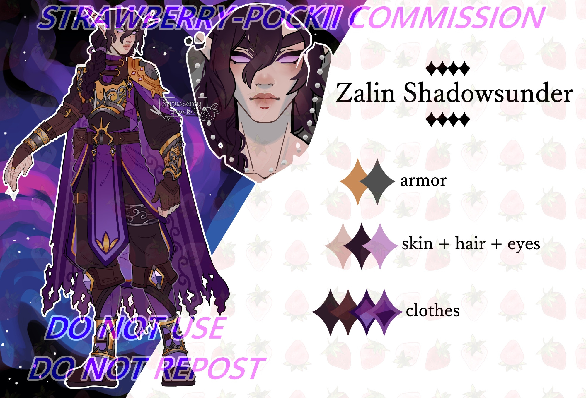 A design commission for a client. An elf with long ears, dark braided hair, and light purple eyes named Zalin. He's a paladin dressed in dark purples with gold accents, a cape hangs off his back that tattered at the bottom. His armor is gold with silver accents and elven designs.