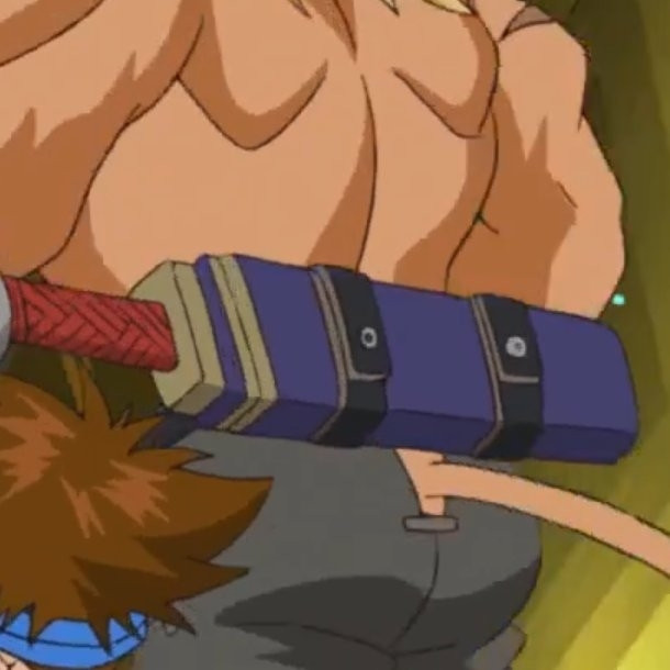 Leomon's back, and the suspiciously large hole in his pants for his tail.