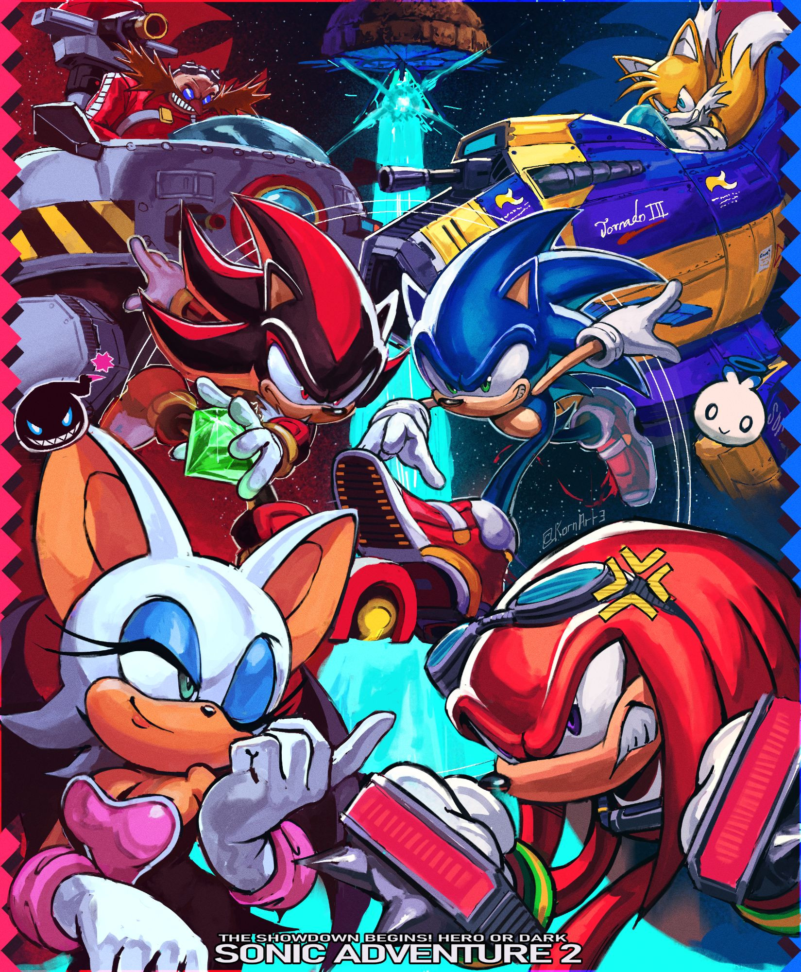 A Sonic Adventure 2 piece featuring Team Hero (Sonic, Tails and Knuckles) and Team Dark (Shadow, Eggman and Rouge) going against each other 