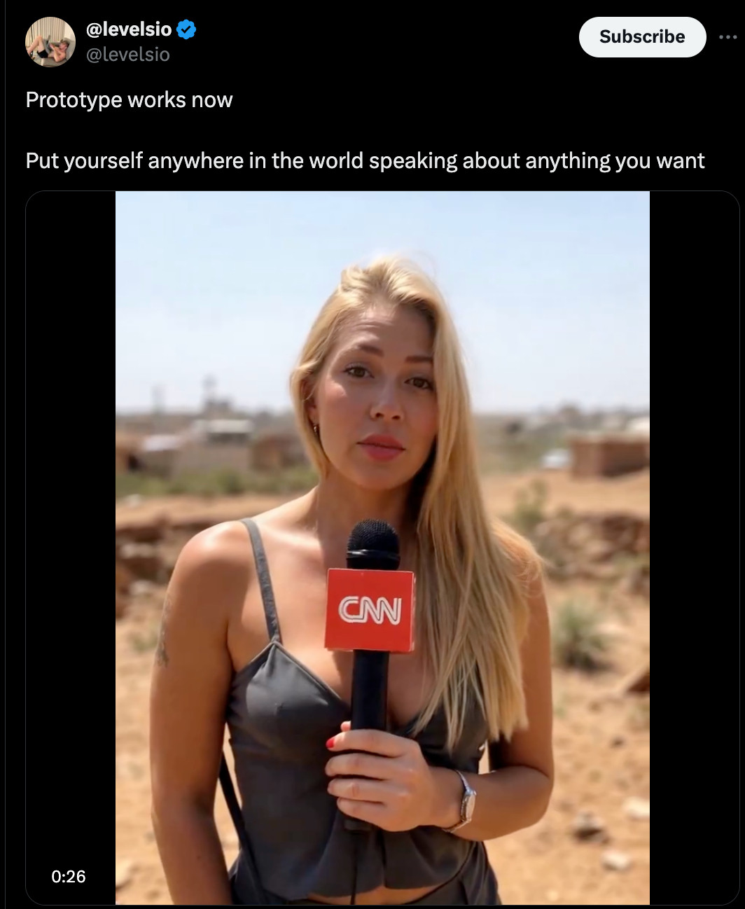 It's a video showing that the prototype works. It's a hot woman holding a CNN mic, pretending to do reporting on Israel's invasion of Lebanon