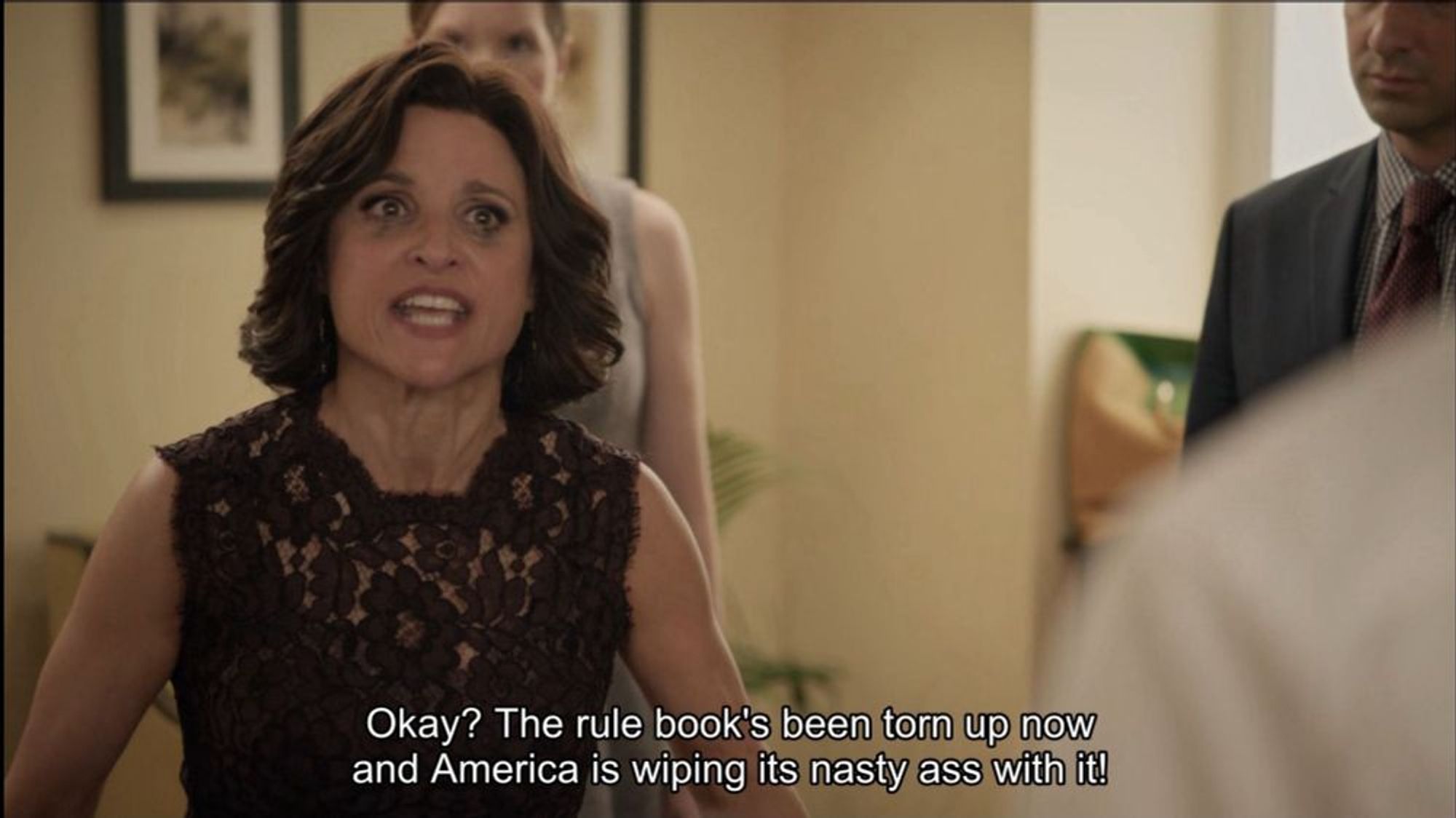 Selina Veep in visible distress saying "Okay? The rule book's been torn up now and America is wiping its nasty ass with it!"