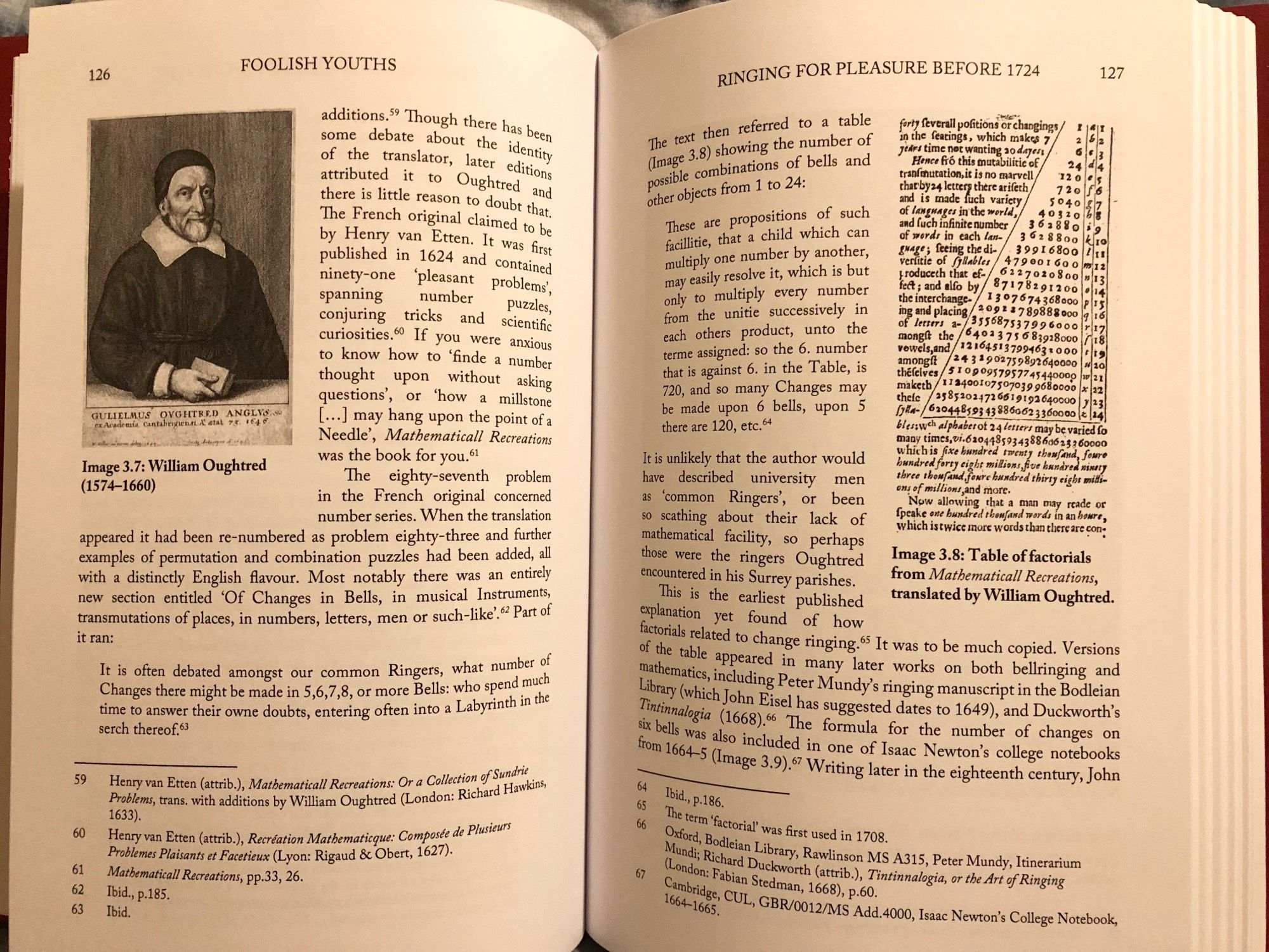 Two pages from the book Foolish Youth and Substantial Rewards, about early explanations of the mathematics of change ringing.