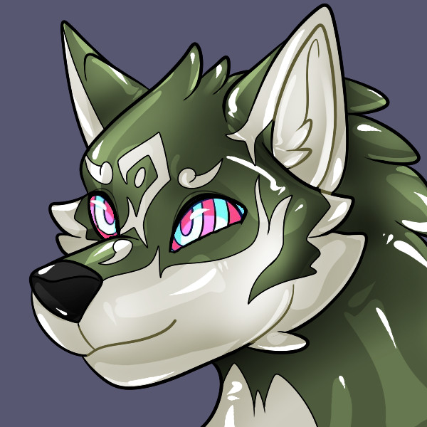 A headshot of Wolf Link from Zelda: Twilight Princess, but it is made out of rubber and its eyes are concentric circles of pink and blue implying it is hypnotised.