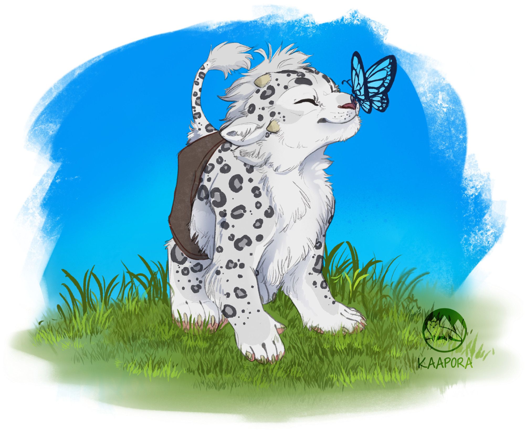 A fluffy, light grey colored charr cub with dark grey spots. He's stepping on grass and smiling as a blue butterfly lands on his muzzle.