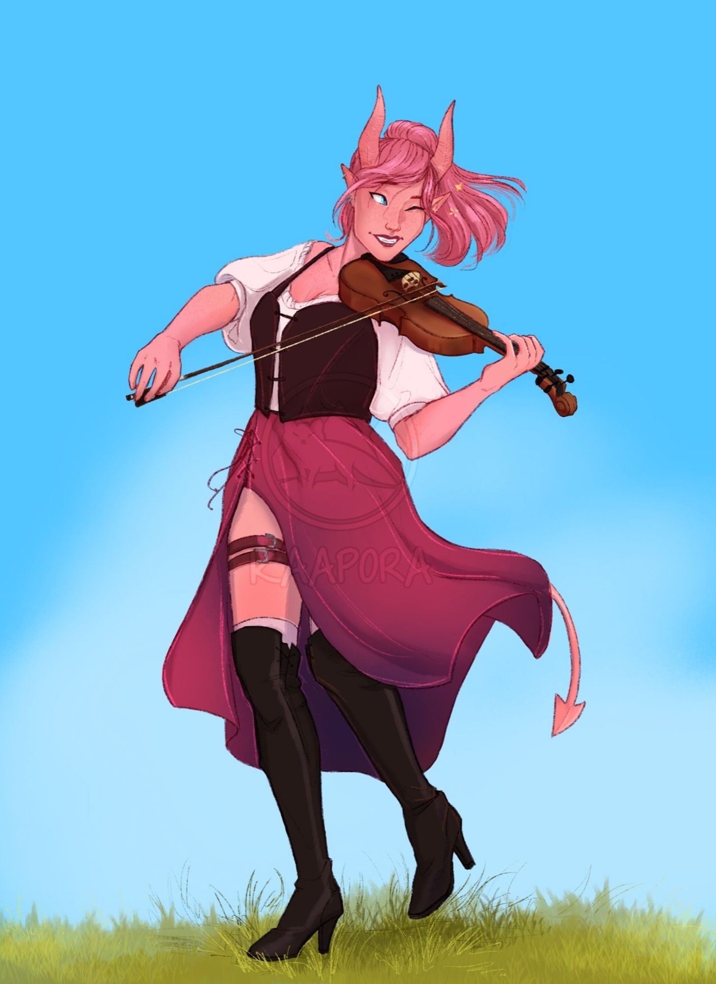 A pink tiefling playing the violin as she dances