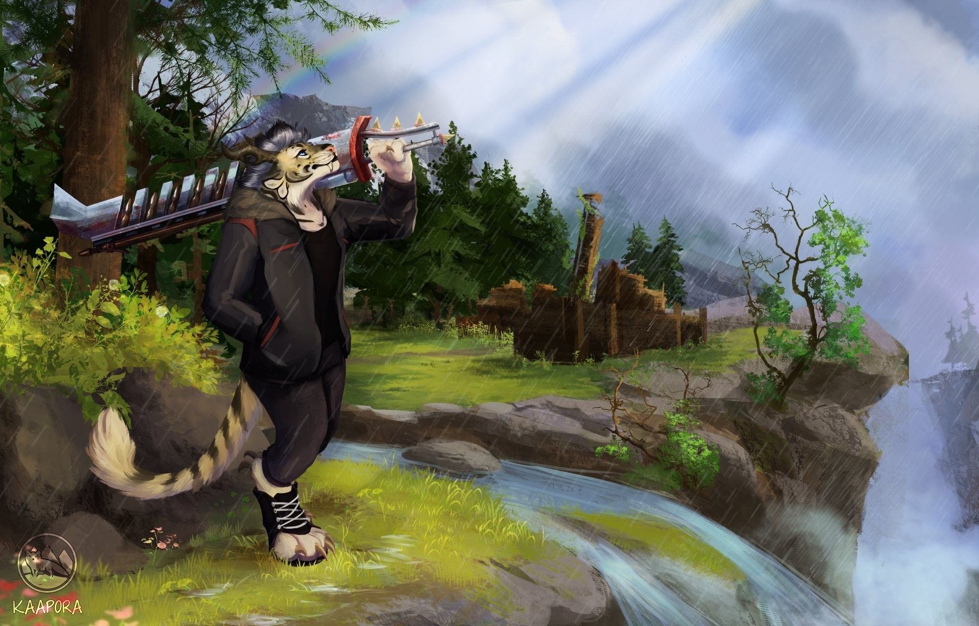 A charr(Guild Wars 2 race) resting a greatsword on her shoulder and looking up to the sky, from the top of a hill