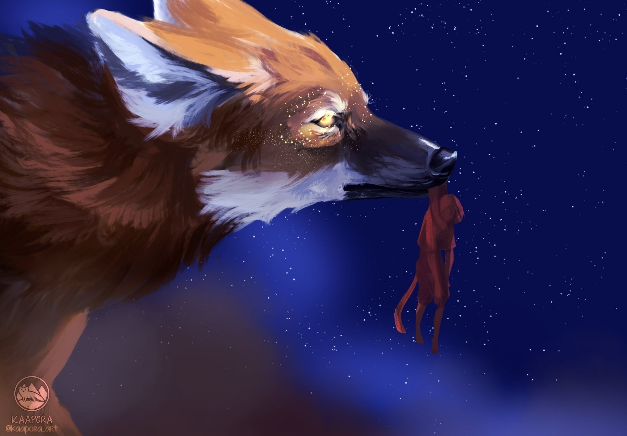 A giant maned wolf carrying a humanoid character in the night