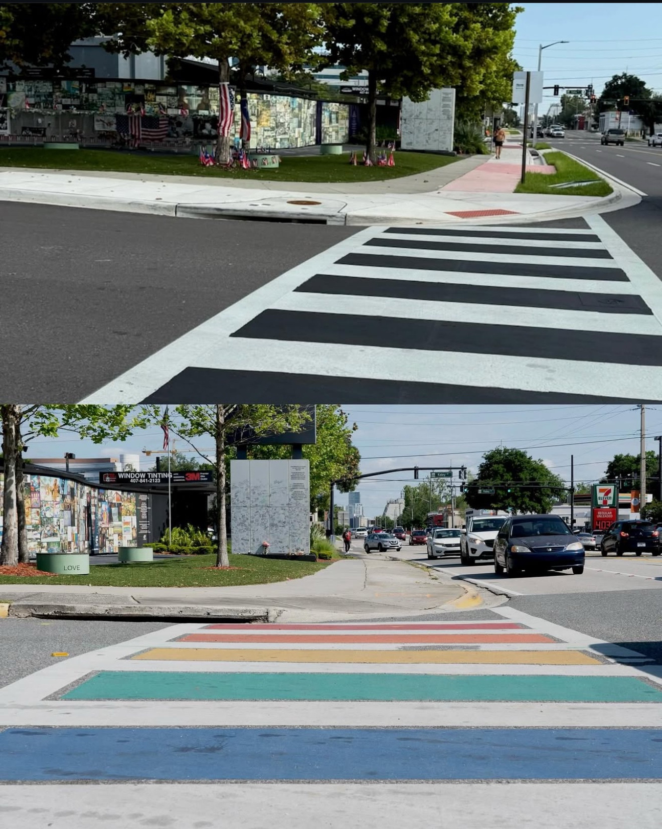 A before and after photo of a crosswalk with LGTBQ+ colors painted over with white and black at the Pulse memorial site near downtown Orlando, Florida.