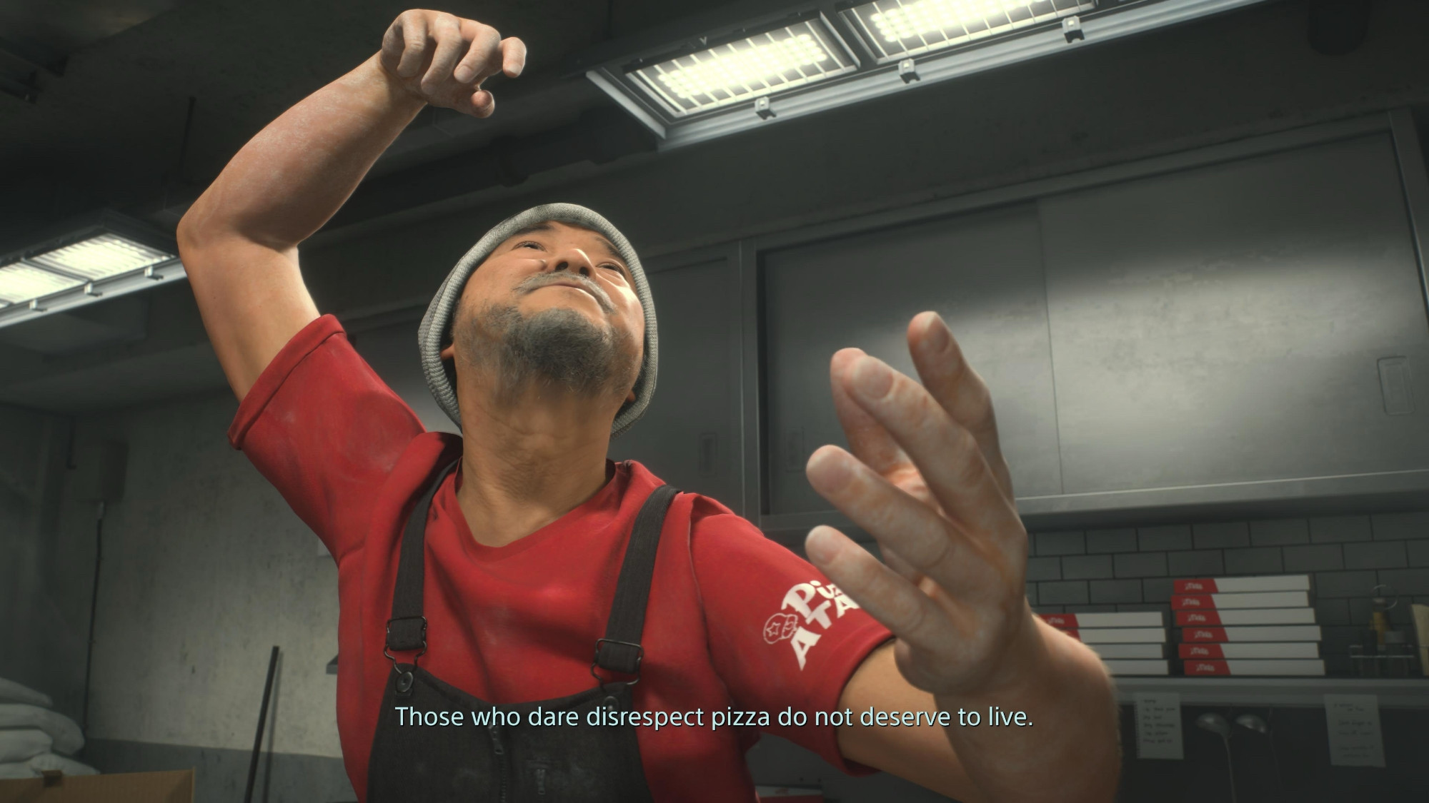 Death Stranding 2: On the Beach. The Pizza Chef. The text caption: “Those who dare disrespect pizza do not deserve to live.”