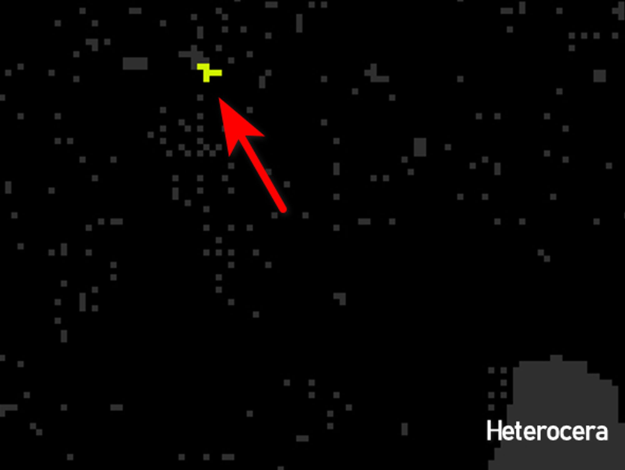 A simplified Second Life Map highlighting new ( <2 days old ) regions colored in yellow, pointed by a red arrow. The Heterocera continent is labeled on the lower right corner, and the new regions are to the northwest of Heterocera.