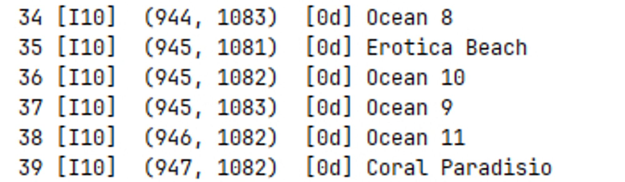 A partial screenshot of the output of the program I used to list new regions, stating the region's location (grid sector and coordinates), age, and name.