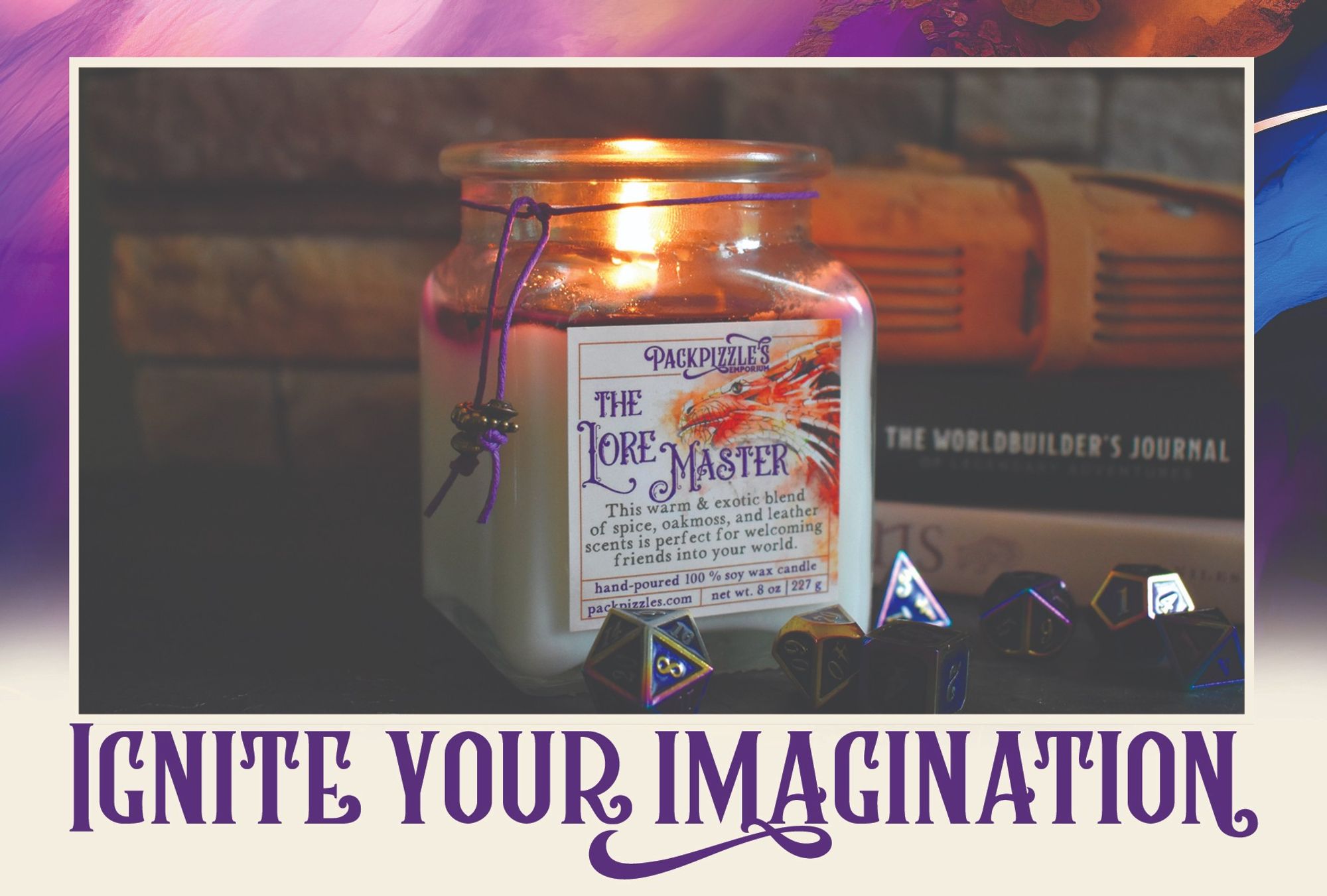 The LoreMaster candle with the phrase "Ignite your Imagination" undeneath.