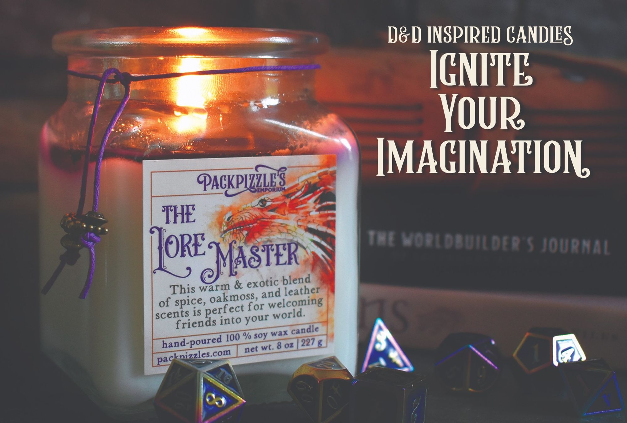 The Lore Master candle with the phrase "D&D inspired candles Ignite your imagination" on the side