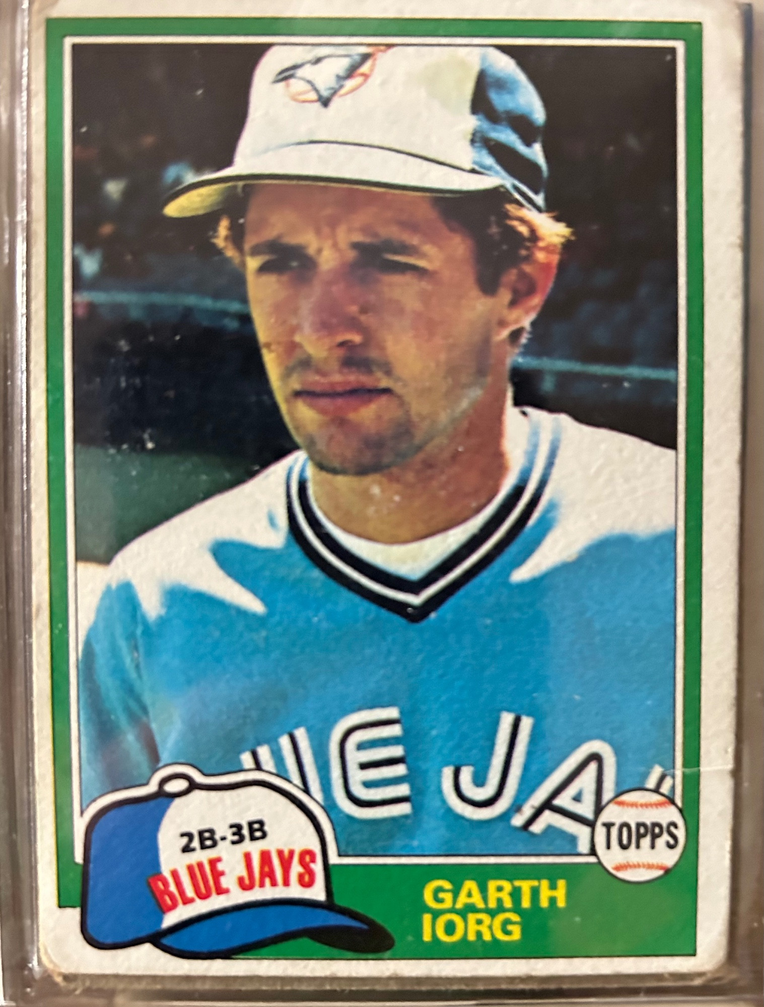 1981 Topps card of Garth Iorg. He looks like somebody stole his teddy bear — or, in the words of Jim Morrison, “mean and rueful of the Western dream”