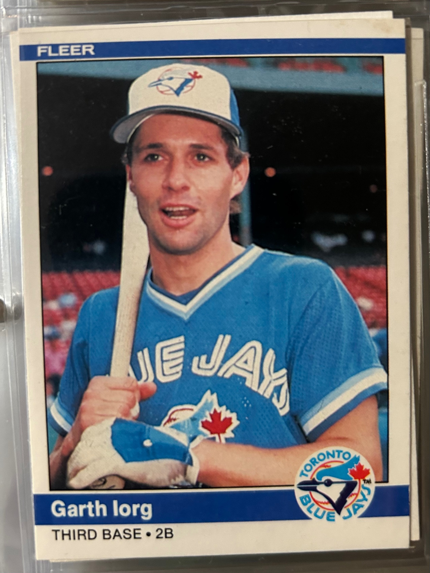 1984 Fleer card of Toronto’s Garth Iorg. He is holding a bat and appears to be chattering cheerfully 