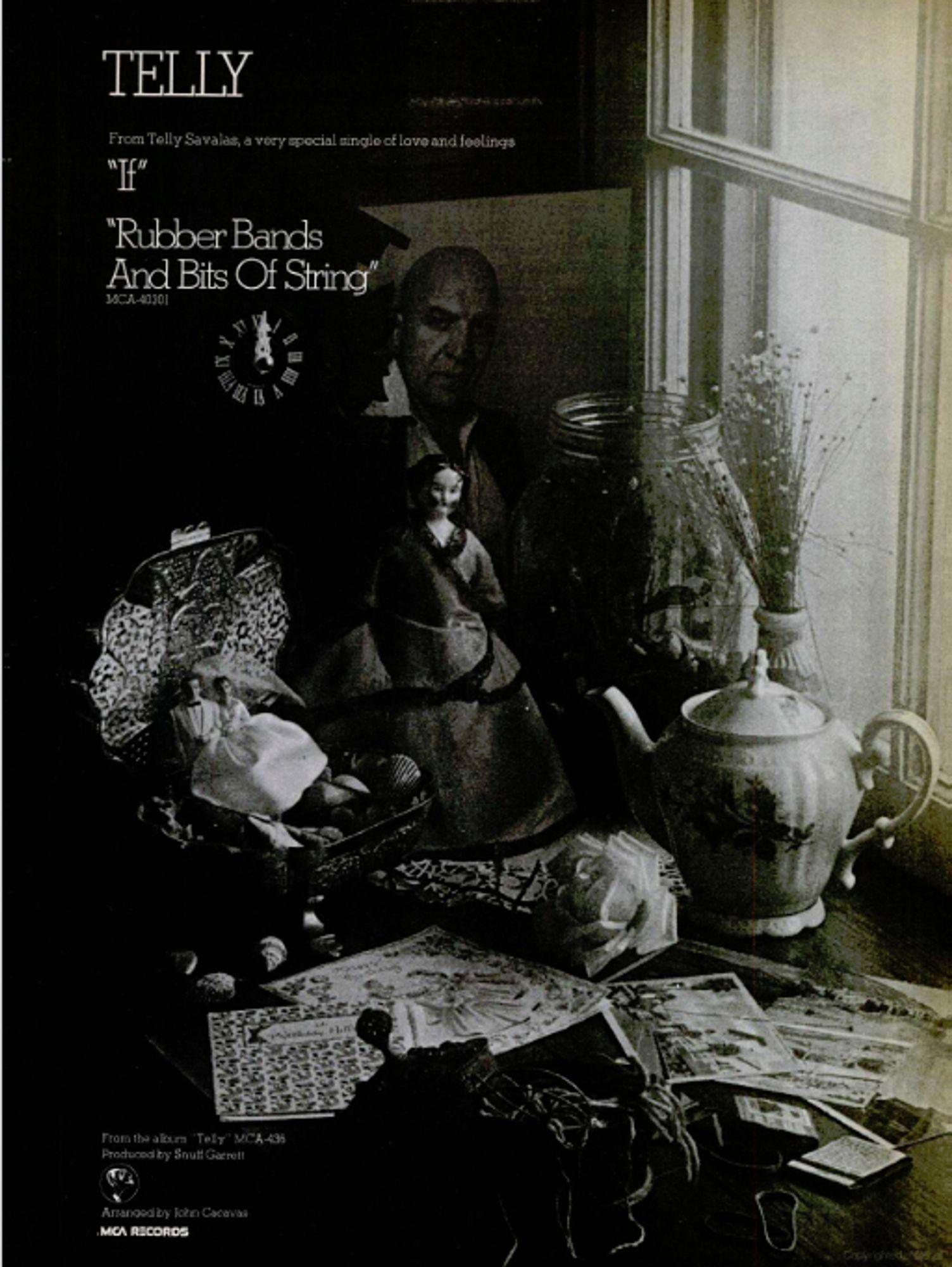 ad from the Billboard magazine issue of October 5, 1974, promoting what's described as a "very special single of love and feelings" by Telly Savalas. The ad features a moody black-and-white collage of small belongings (a teapot, a doll) and a photo of Telly looking ... well, like Theo Kojak in the background.